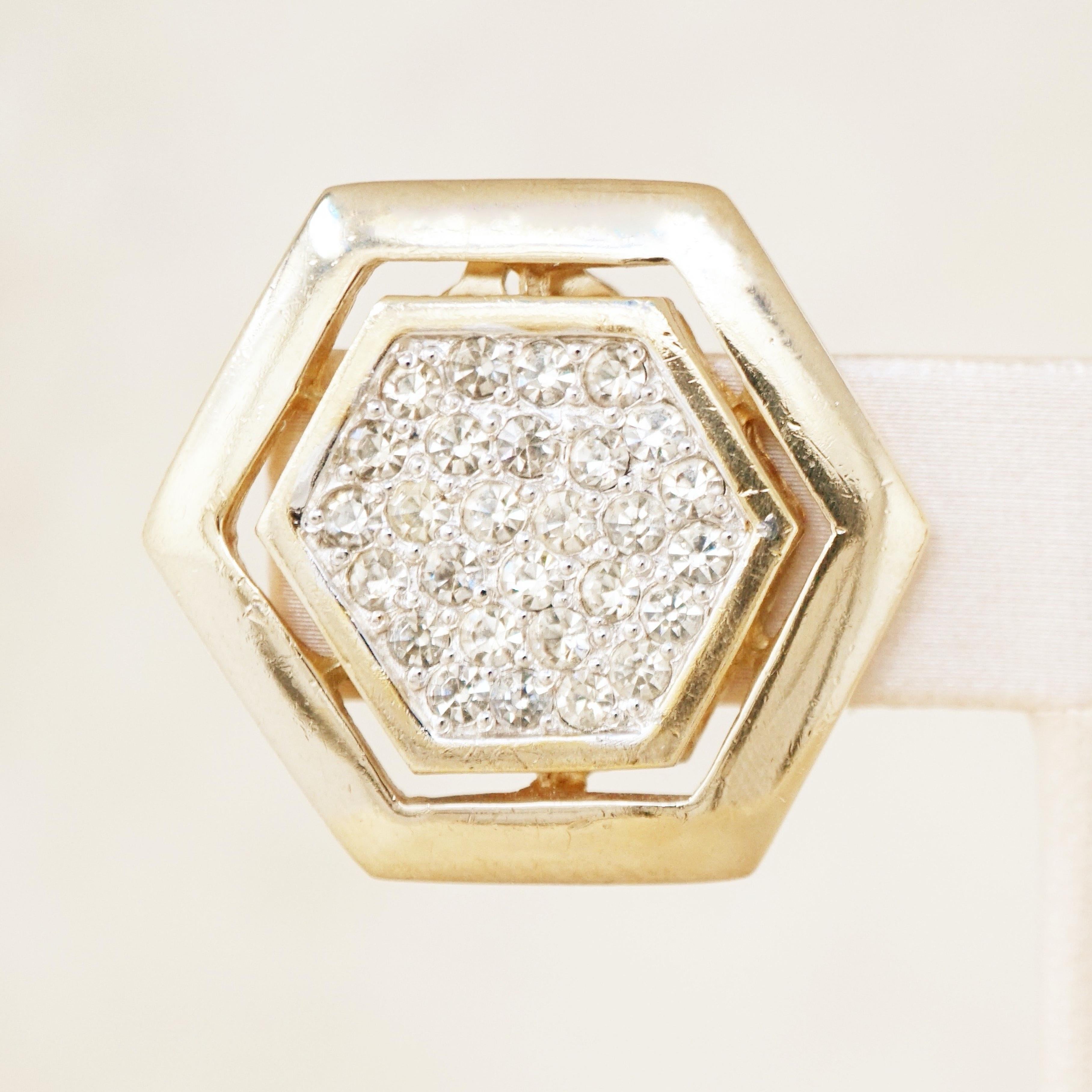 Modern Vintage Gilded Hexagon Statement Earrings with Crystal Pavé by Panetta, 1980s For Sale