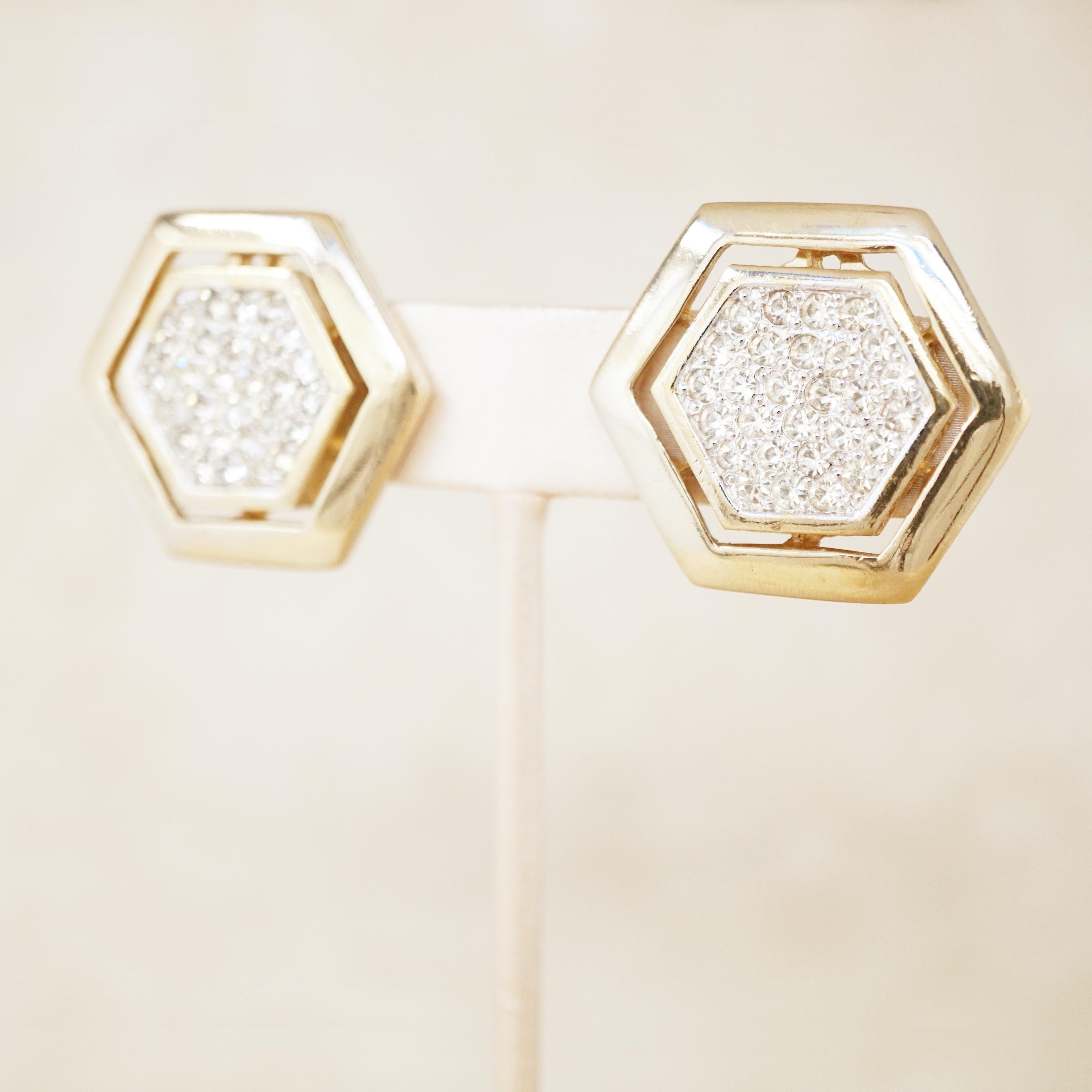 Vintage Gilded Hexagon Statement Earrings with Crystal Pavé by Panetta, 1980s In Excellent Condition For Sale In McKinney, TX