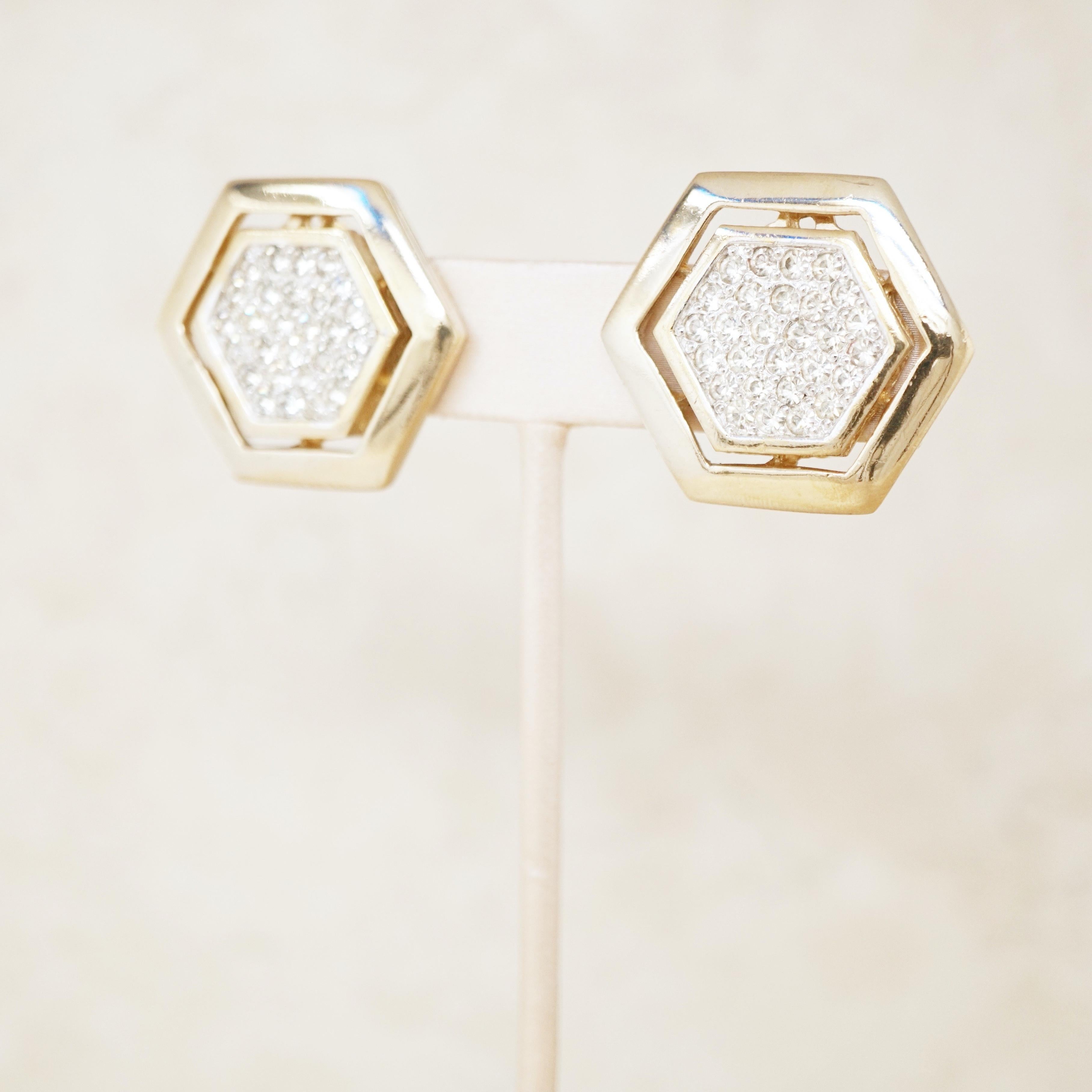 Women's Vintage Gilded Hexagon Statement Earrings with Crystal Pavé by Panetta, 1980s For Sale