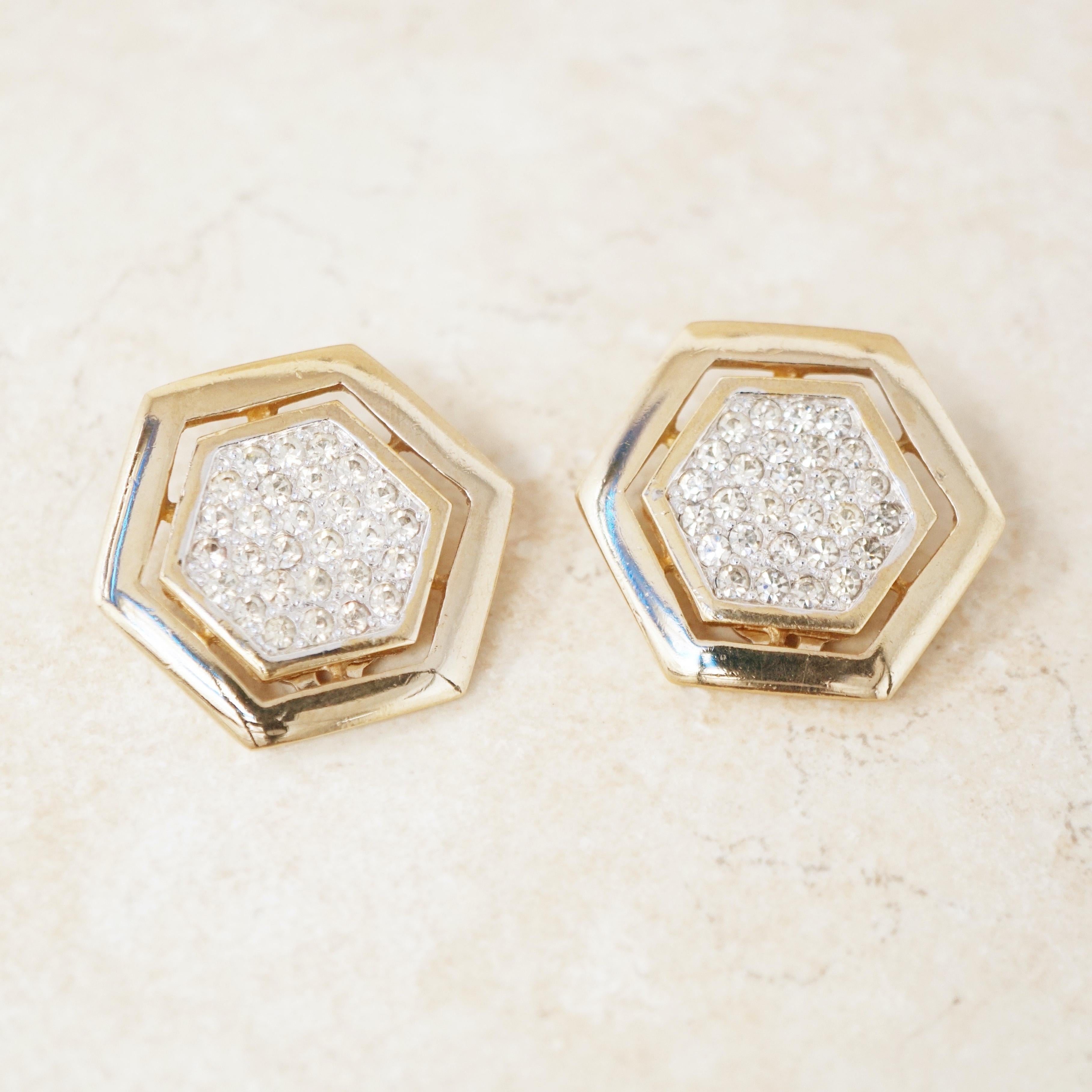 Vintage Gilded Hexagon Statement Earrings with Crystal Pavé by Panetta, 1980s For Sale 2