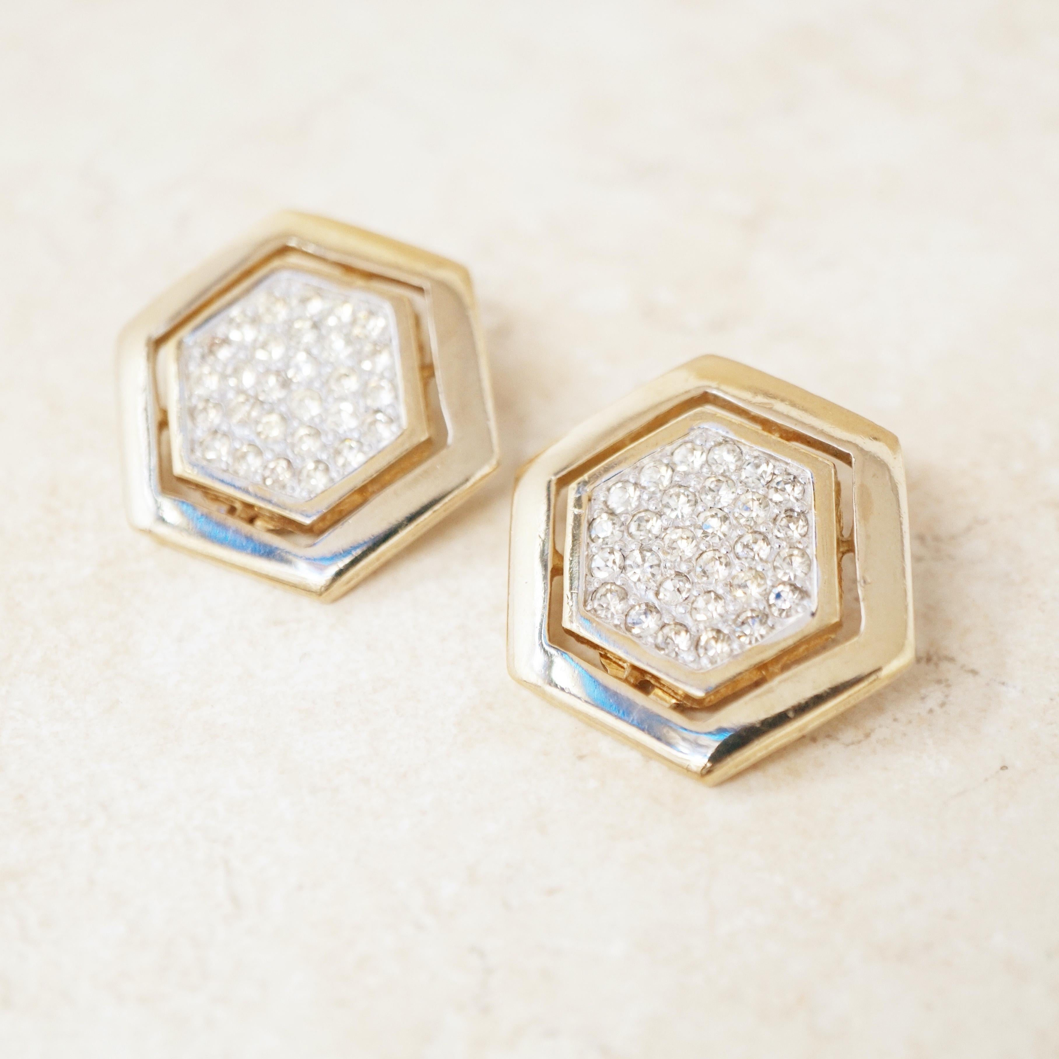 Vintage Gilded Hexagon Statement Earrings with Crystal Pavé by Panetta, 1980s For Sale 3