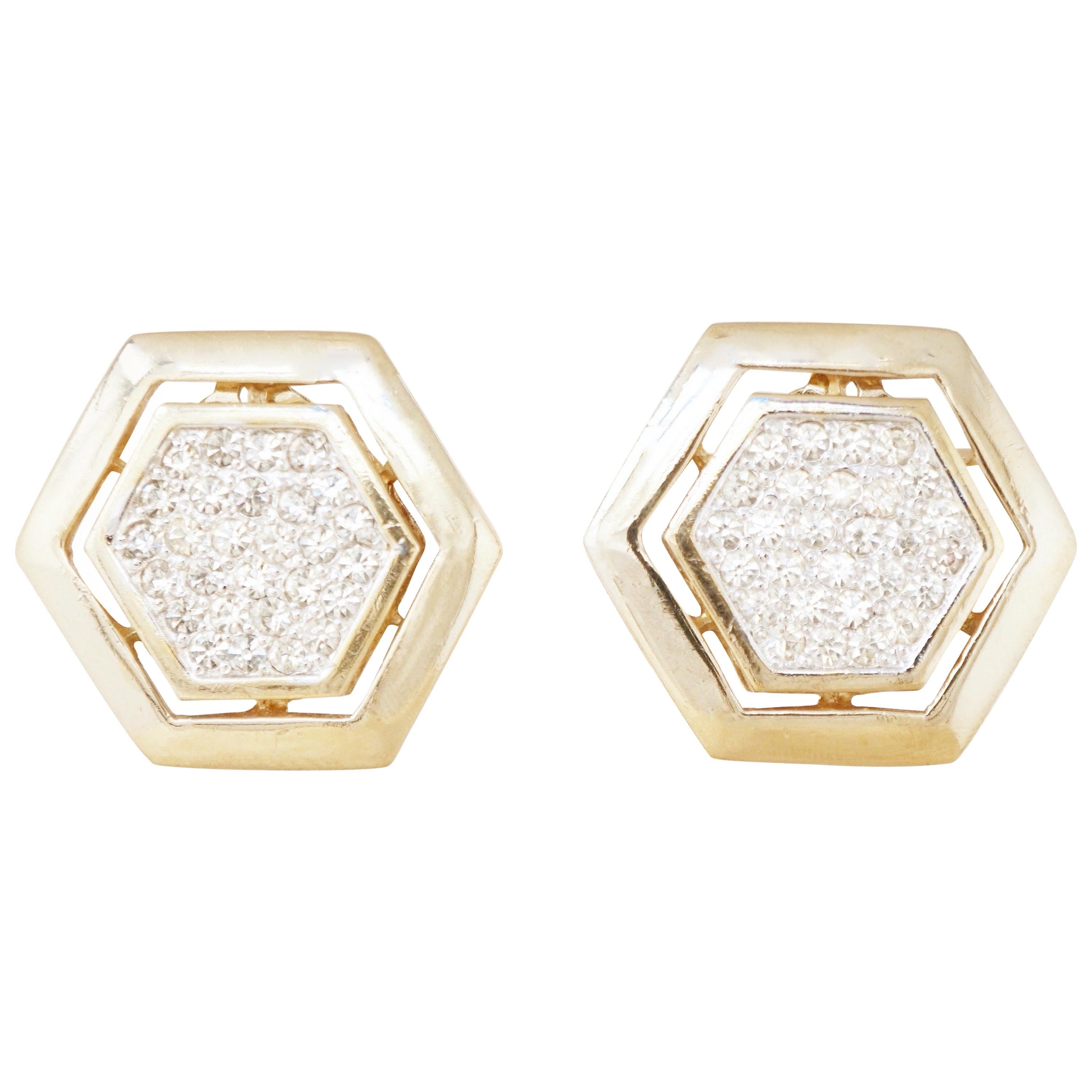 Vintage Gilded Hexagon Statement Earrings with Crystal Pavé by Panetta, 1980s For Sale