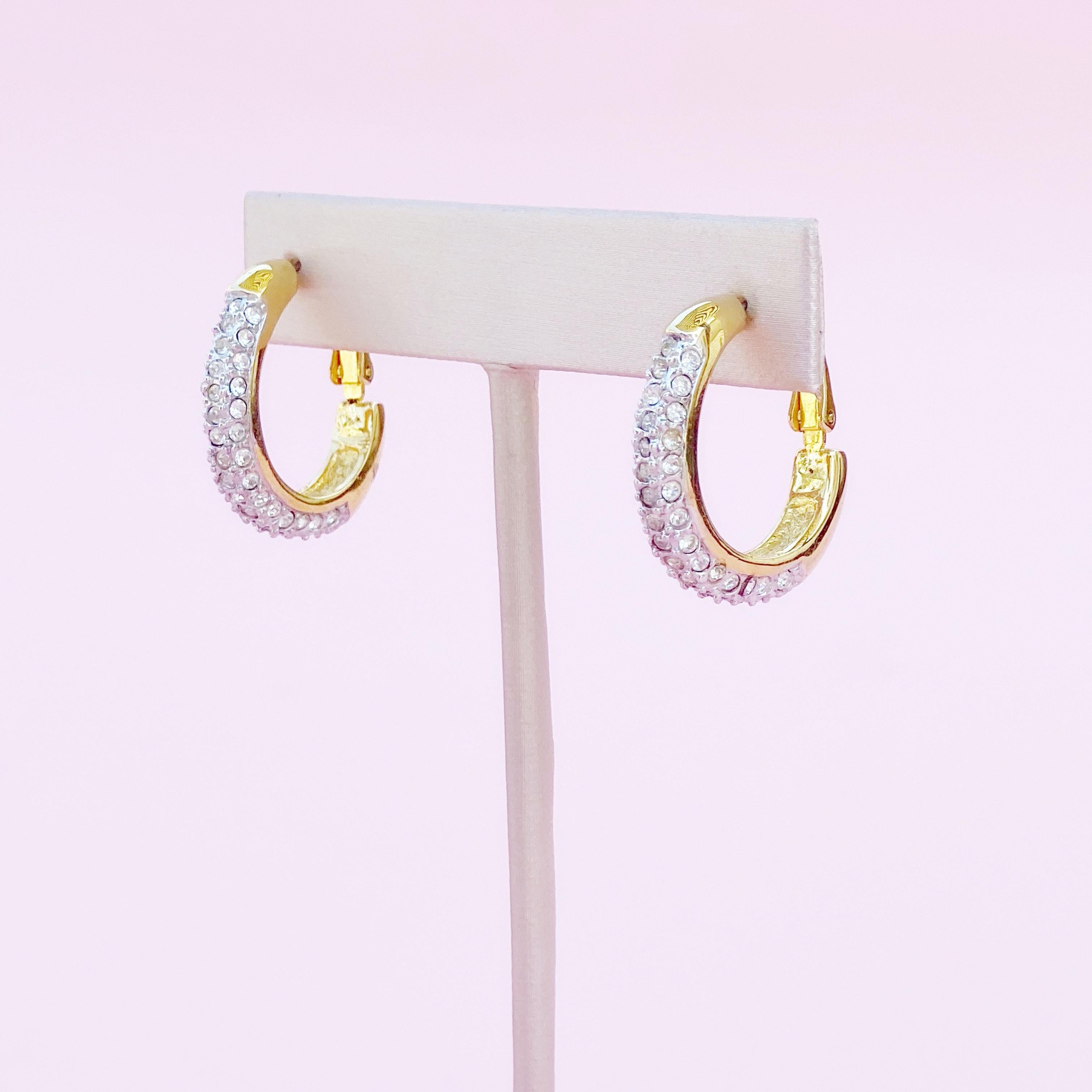 Vintage Gilded Hoop Earrings With Crystal Rhinestone Pavé, 1980s 2