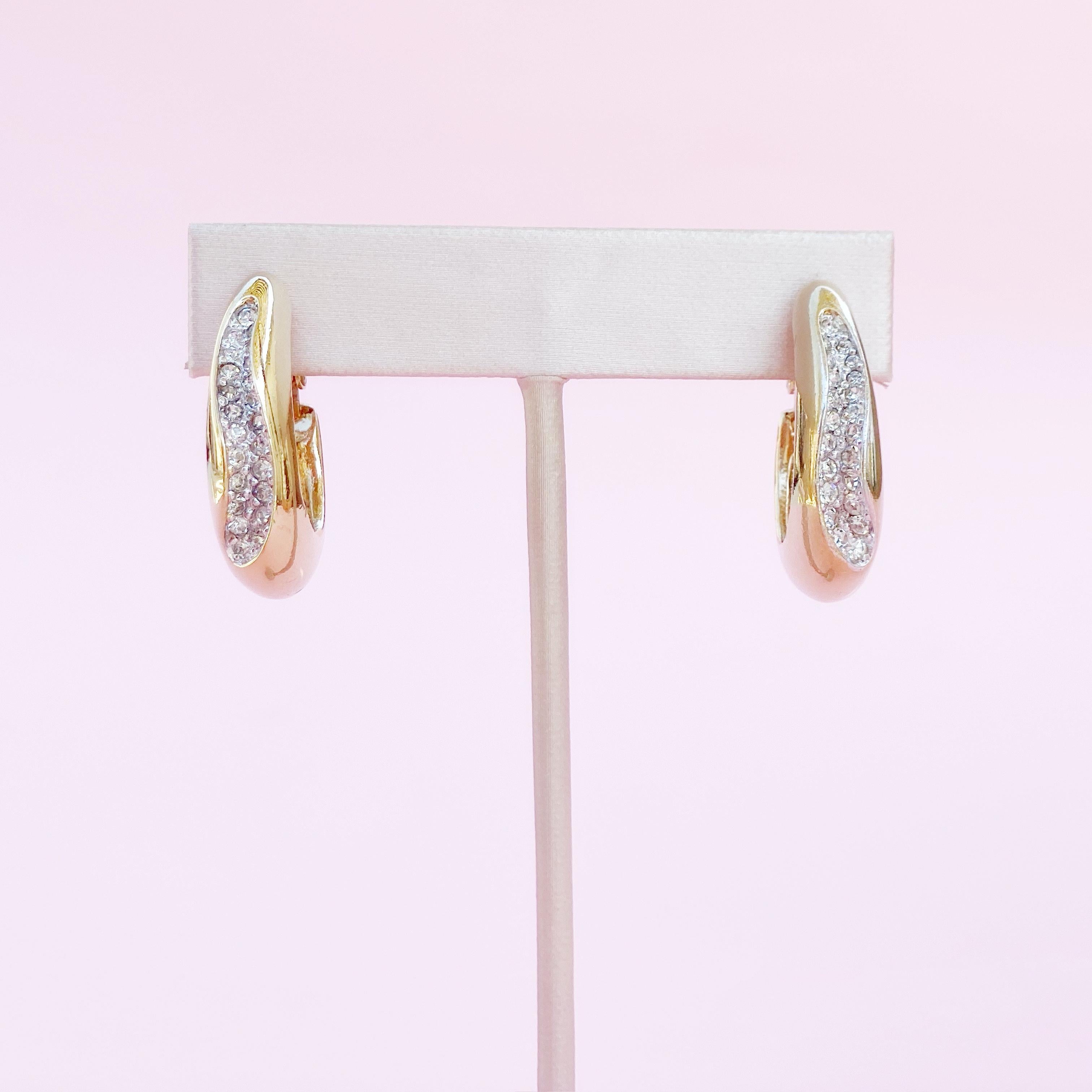 Women's Vintage Gilded Hoop Earrings With Crystal Rhinestone Pavé By Panetta, 1980s
