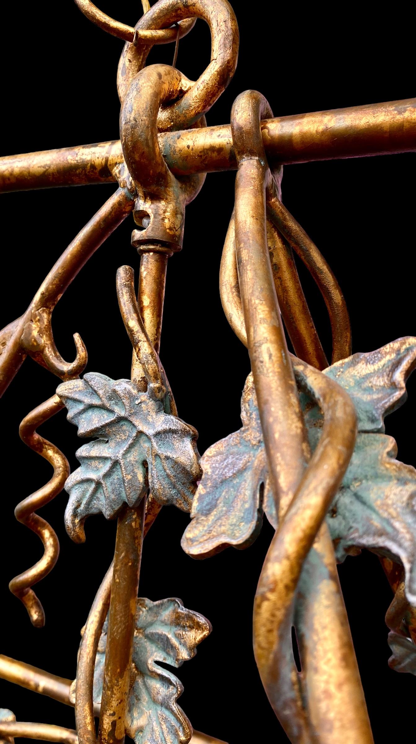 Vintage Gilded Iron and Verdigris Hanging Pot Rack Chandelier  10
