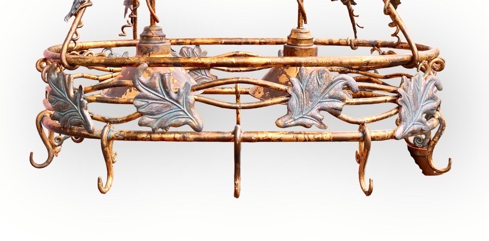 American Vintage Gilded Iron and Verdigris Hanging Pot Rack Chandelier 