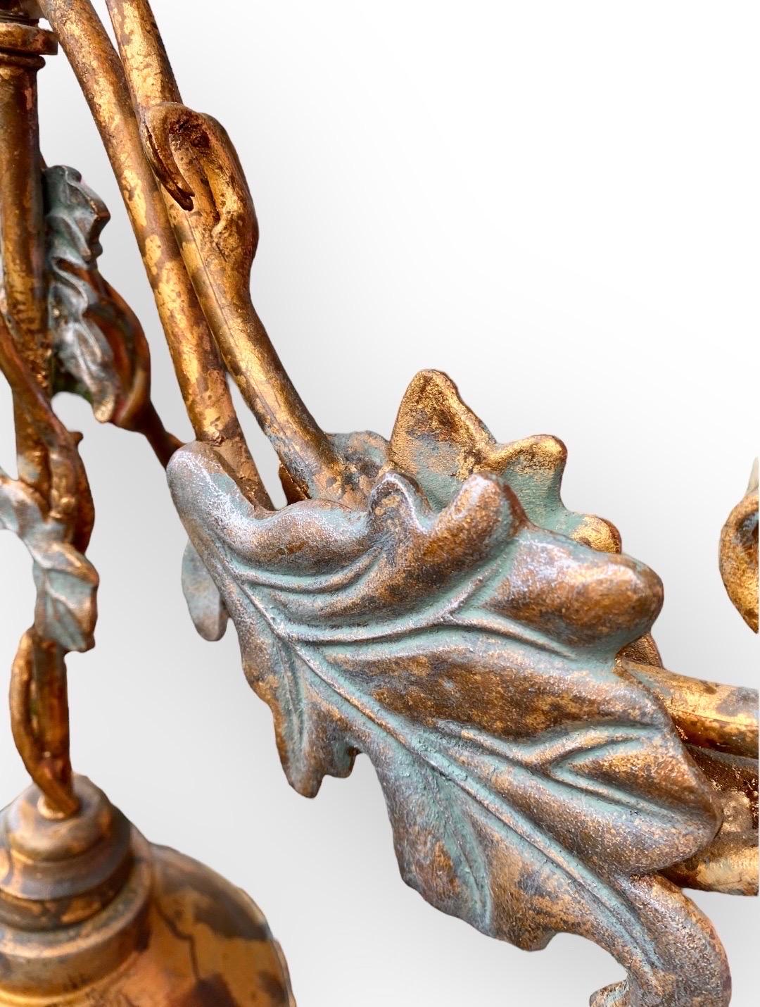 Gold Leaf Vintage Gilded Iron and Verdigris Hanging Pot Rack Chandelier 