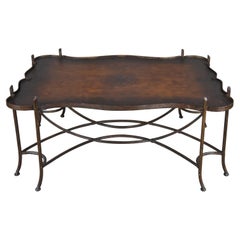 Vintage Gilded Iron Faux Bois Coffee Table with Tole Painted Tray Style Top 48"