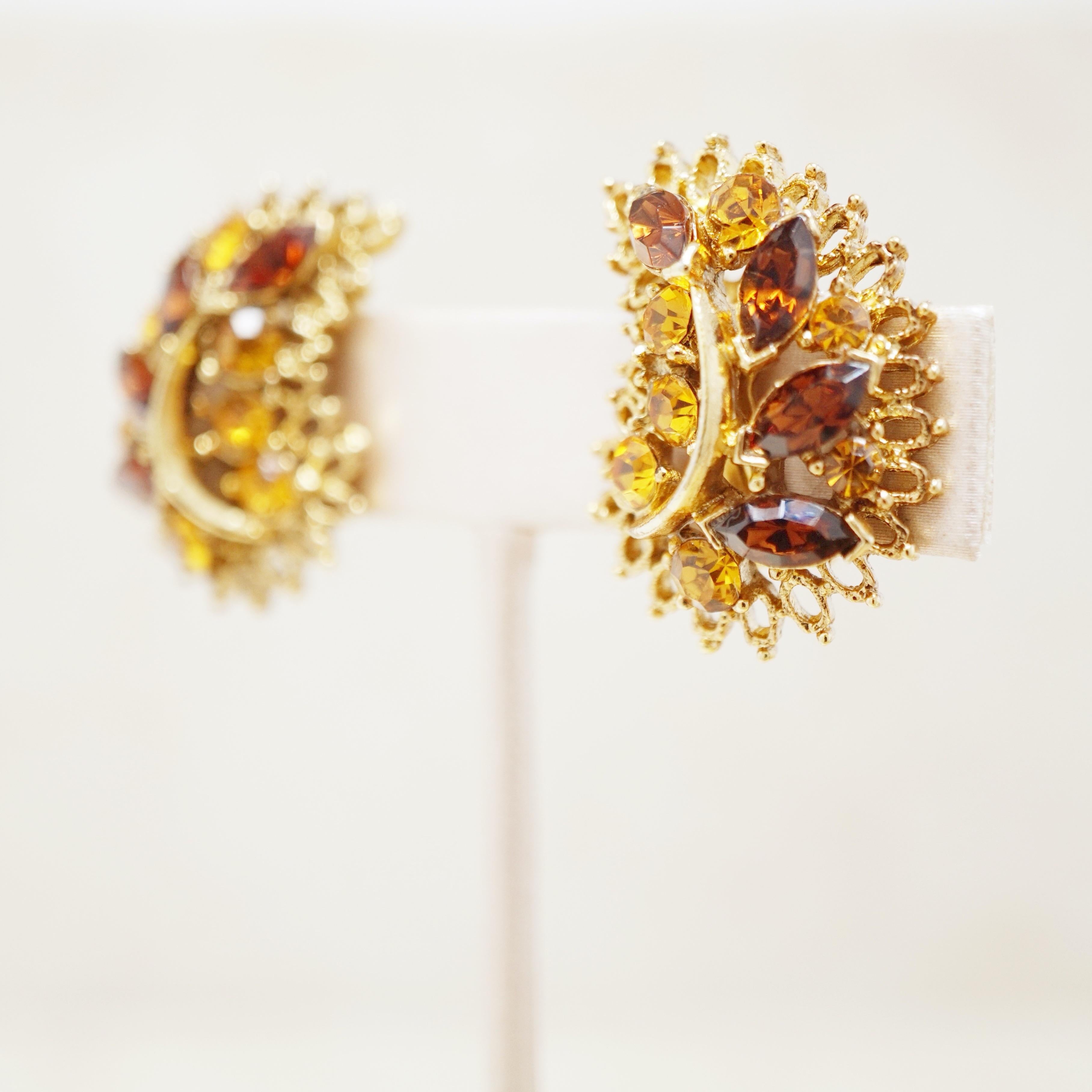 Modern Vintage Gilded Leaf Climber Earrings with Topaz Crystal Rhinestones, 1960s For Sale