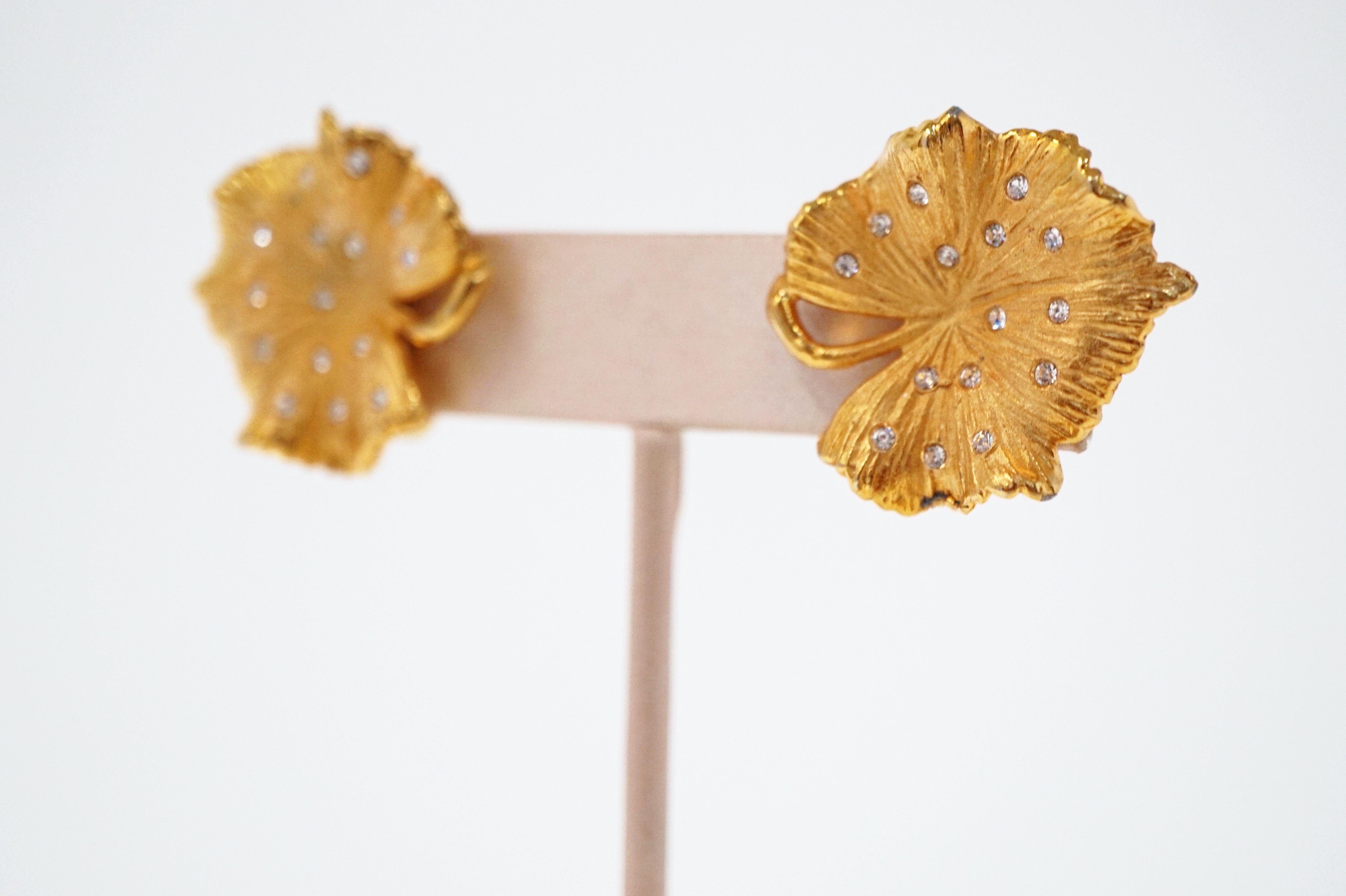 Vintage Gilded Leaf Earrings with Crystal Accents by Claudette, circa 1950s 5