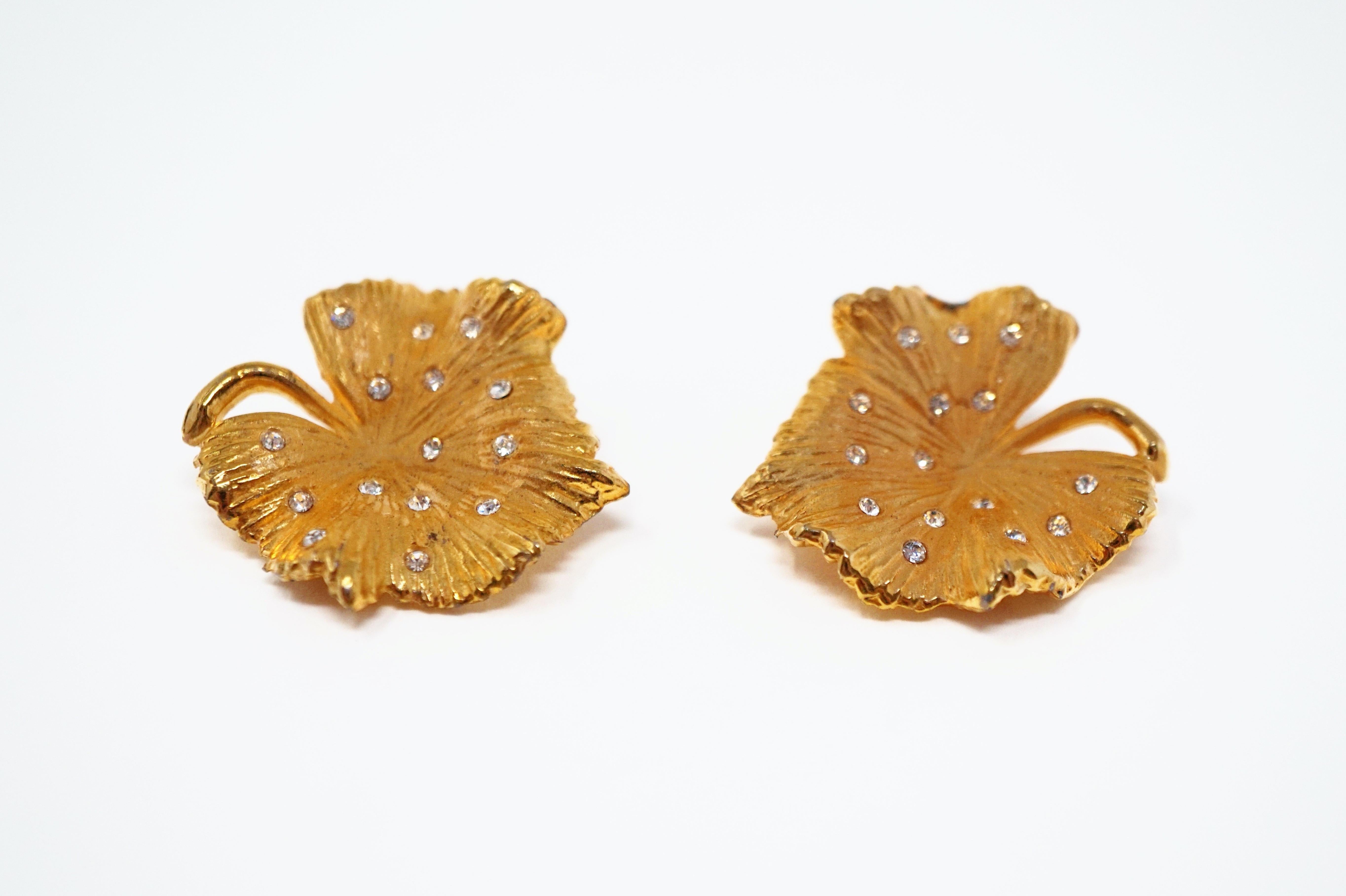 Modern Vintage Gilded Leaf Earrings with Crystal Accents by Claudette, circa 1950s