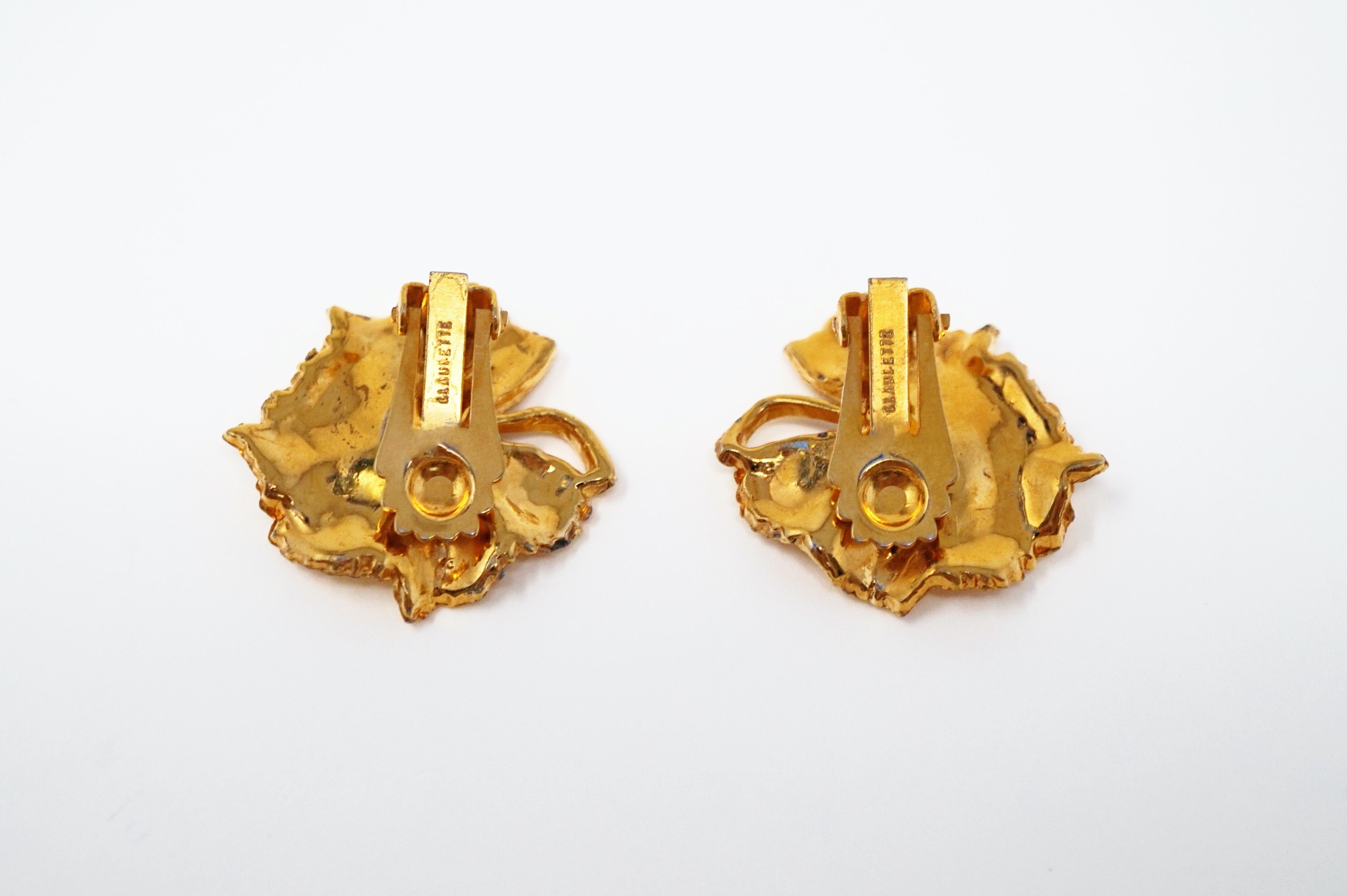 Women's Vintage Gilded Leaf Earrings with Crystal Accents by Claudette, circa 1950s