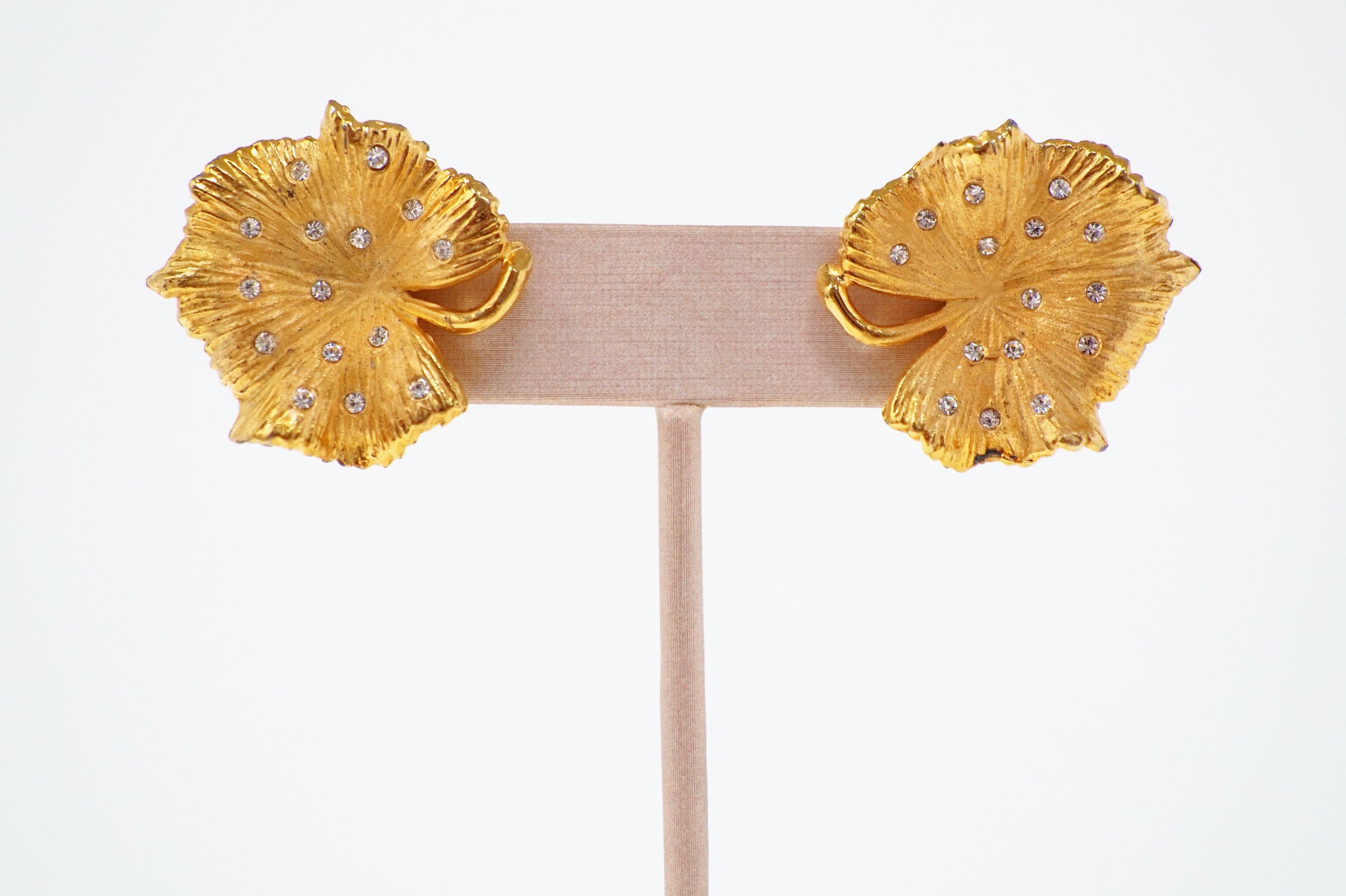 Vintage Gilded Leaf Earrings with Crystal Accents by Claudette, circa 1950s 3