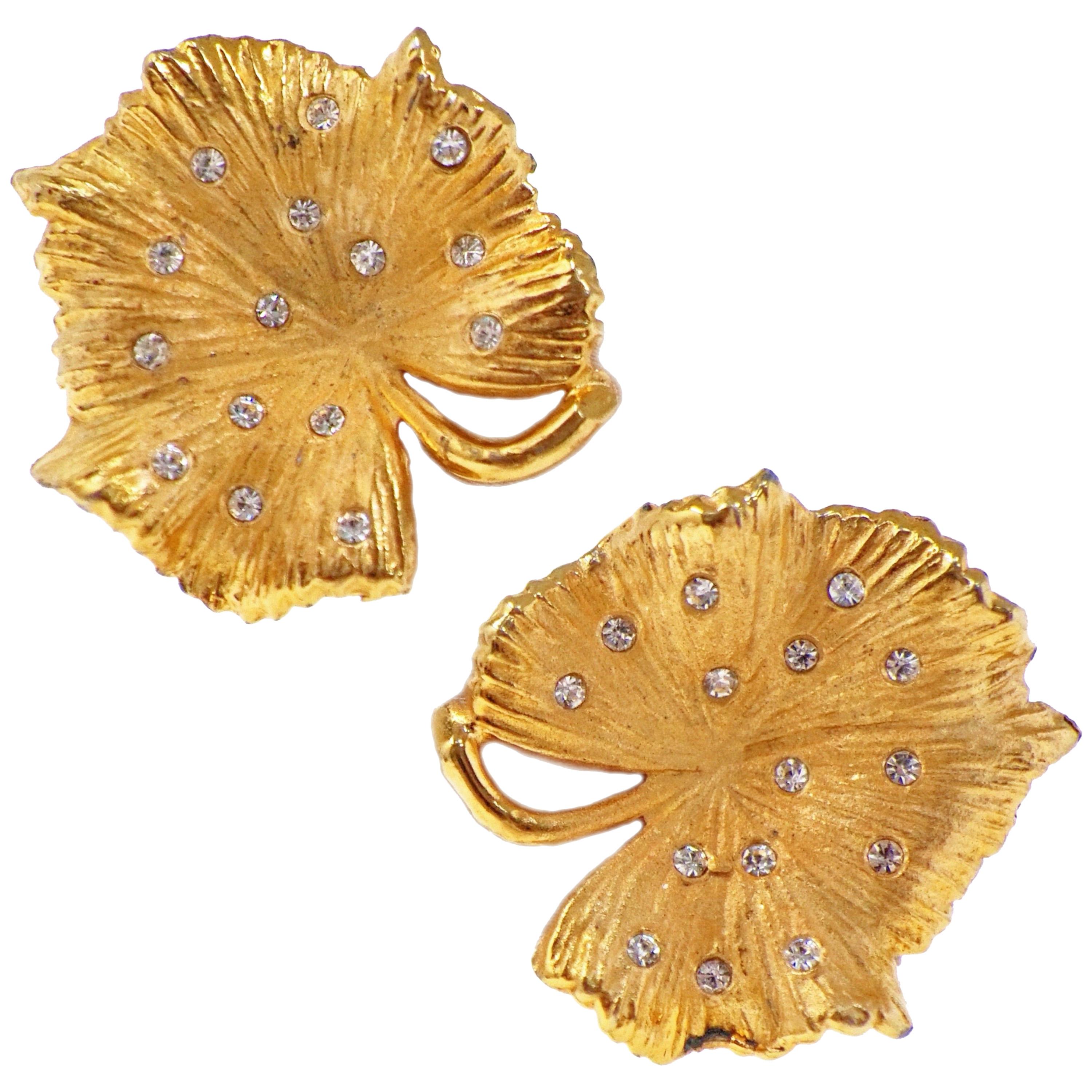 Vintage Gilded Leaf Earrings with Crystal Accents by Claudette, circa 1950s