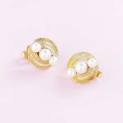 Vintage Gilded Leaves and Pearls Button Earrings By Crown Trifari, 1960s
