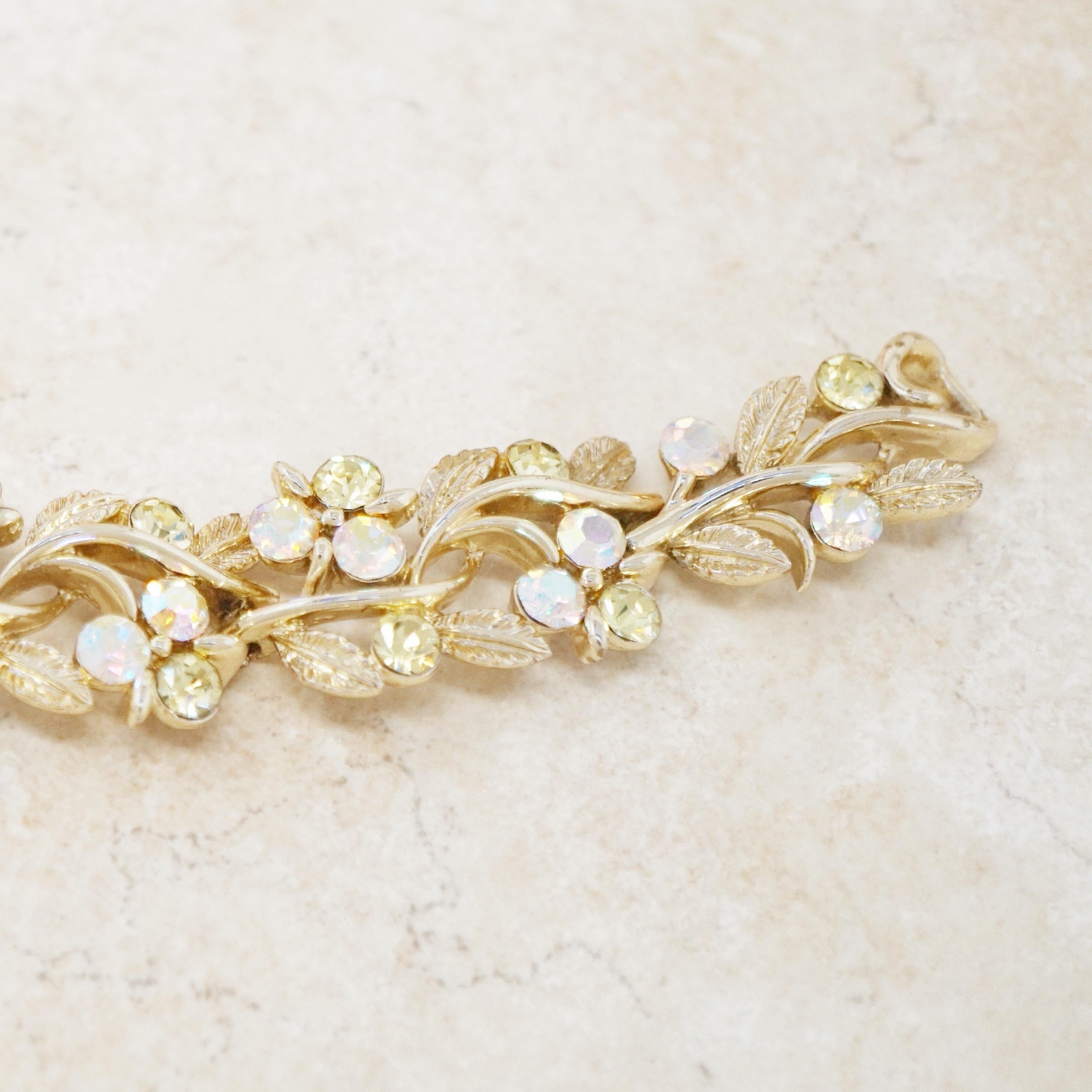 Modern Vintage Gilded Leaves Bracelet with Aurora Borealis Crystals by Lisner, 1960s