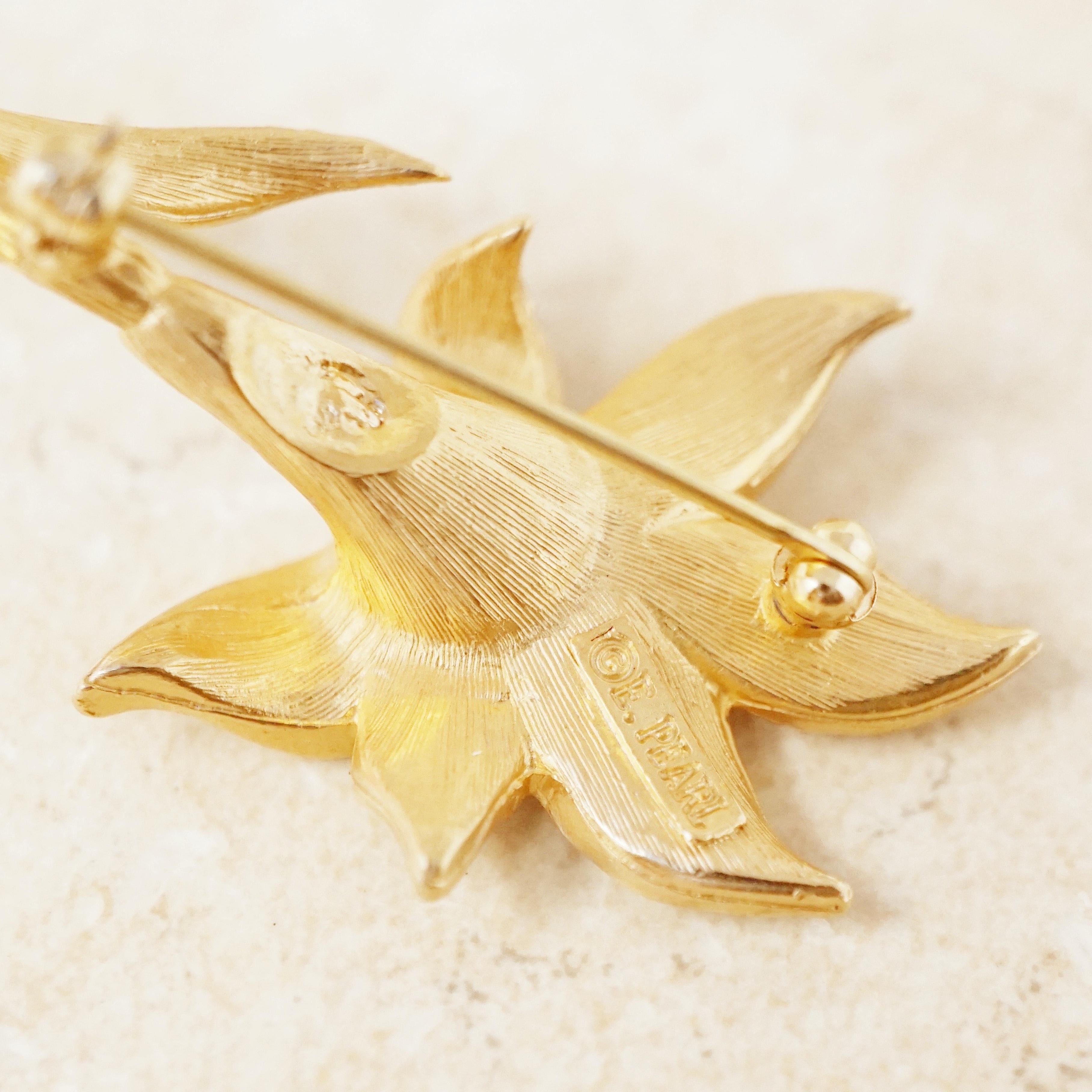 Vintage Gilded Lily Flower Figural Brooch with Crystals by Erwin Pearl, 1990s 4