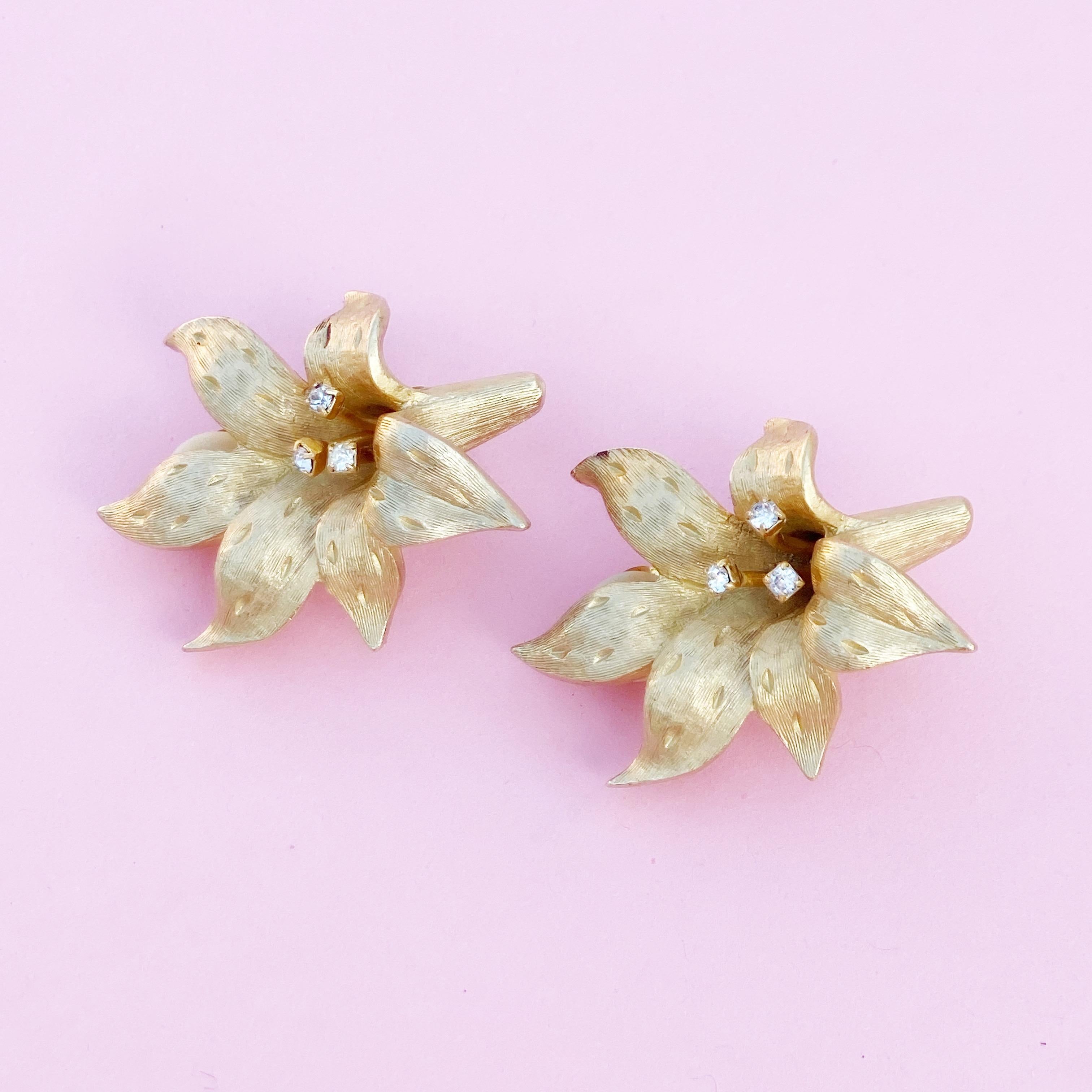Vintage Gilded Lily Flower Figural Earrings With Crystals by Erwin Pearl, 1990s 8