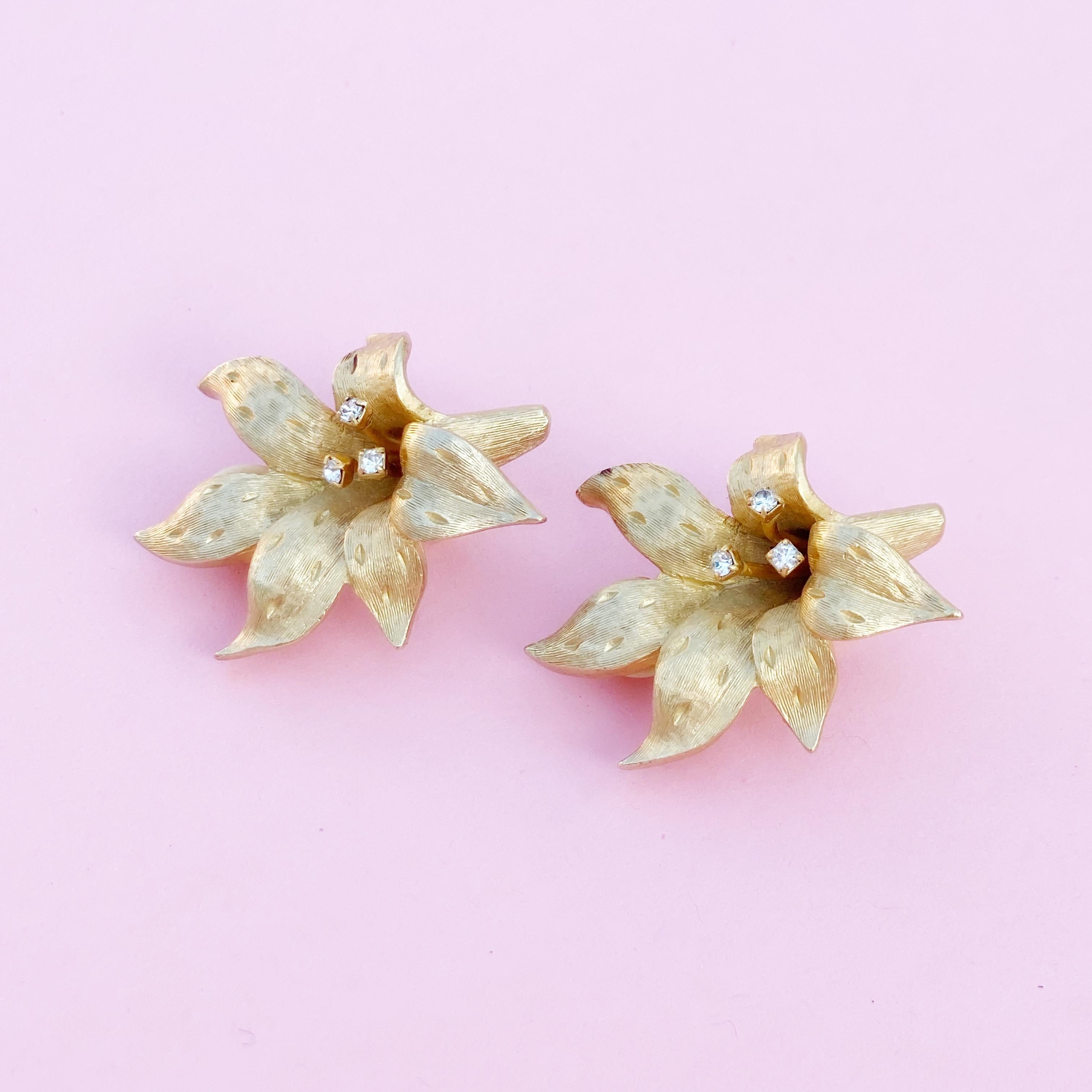 Vintage Gilded Lily Flower Figural Earrings With Crystals by Erwin Pearl, 1990s 9