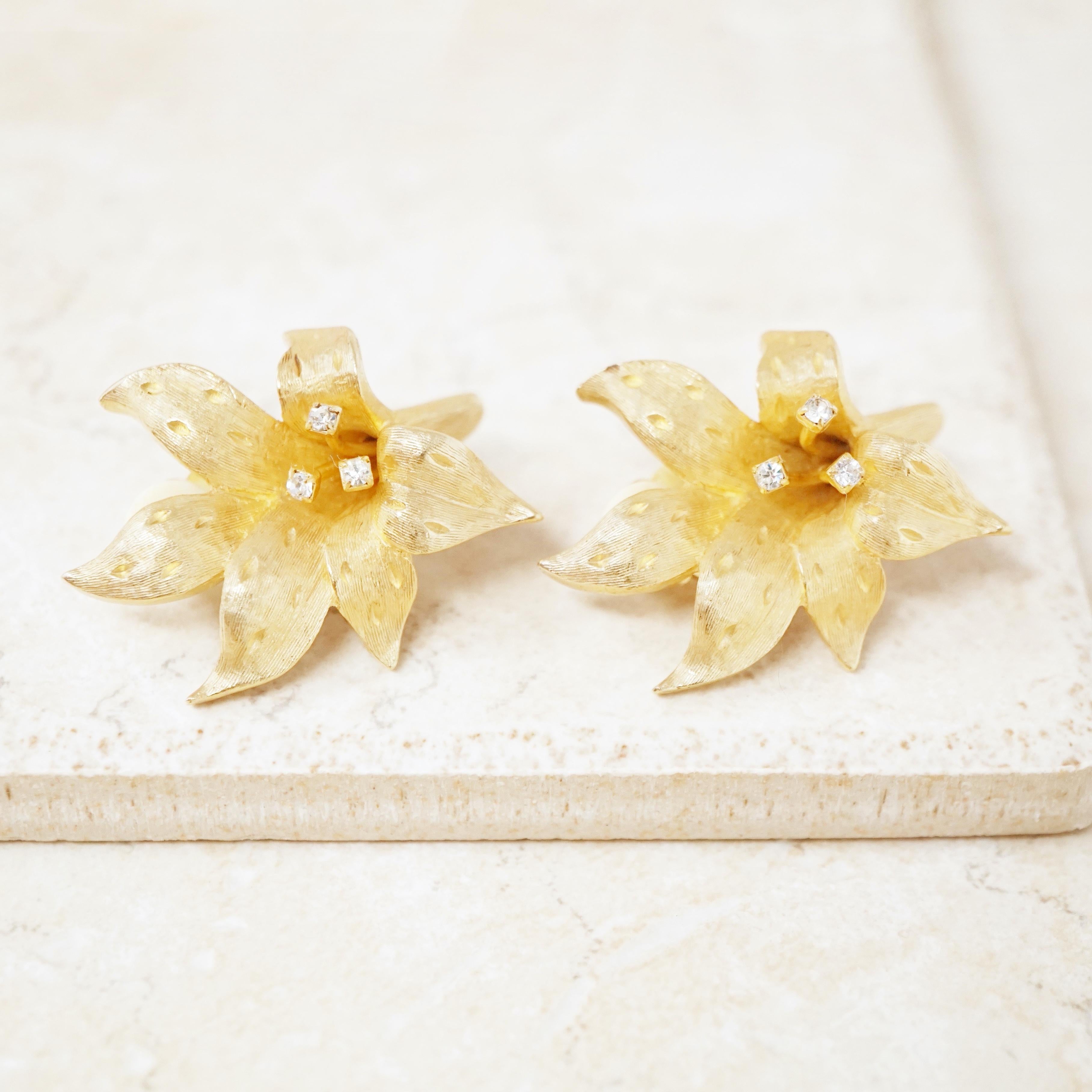 Women's Vintage Gilded Lily Flower Figural Earrings With Crystals by Erwin Pearl, 1990s