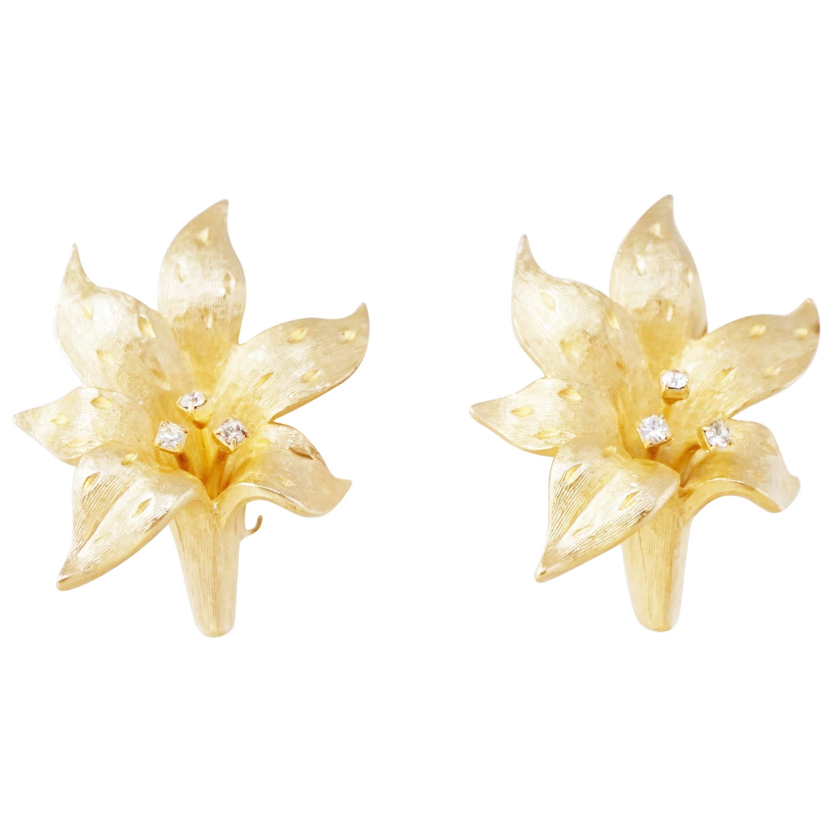 Vintage Gilded Lily Flower Figural Earrings With Crystals by Erwin Pearl, 1990s