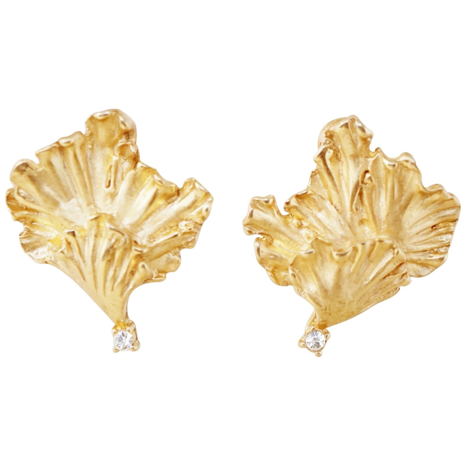 Vintage Gilded Lily Pad Earrings with Crystal Rhinestones by Erwin Pearl, 1990s