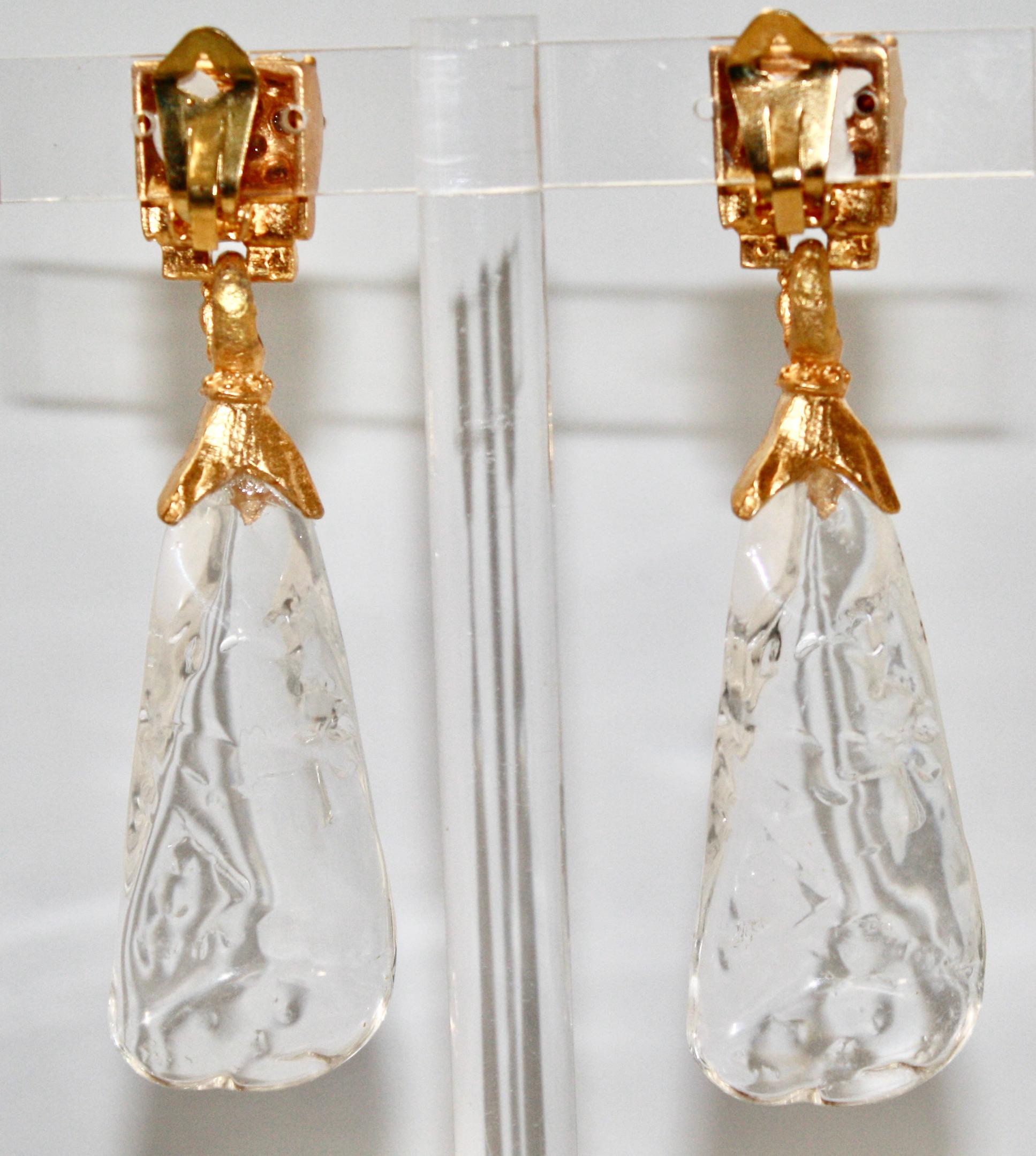 Statement drop earrings with rock shape acrylic. Swarovski crystal pave on clip.