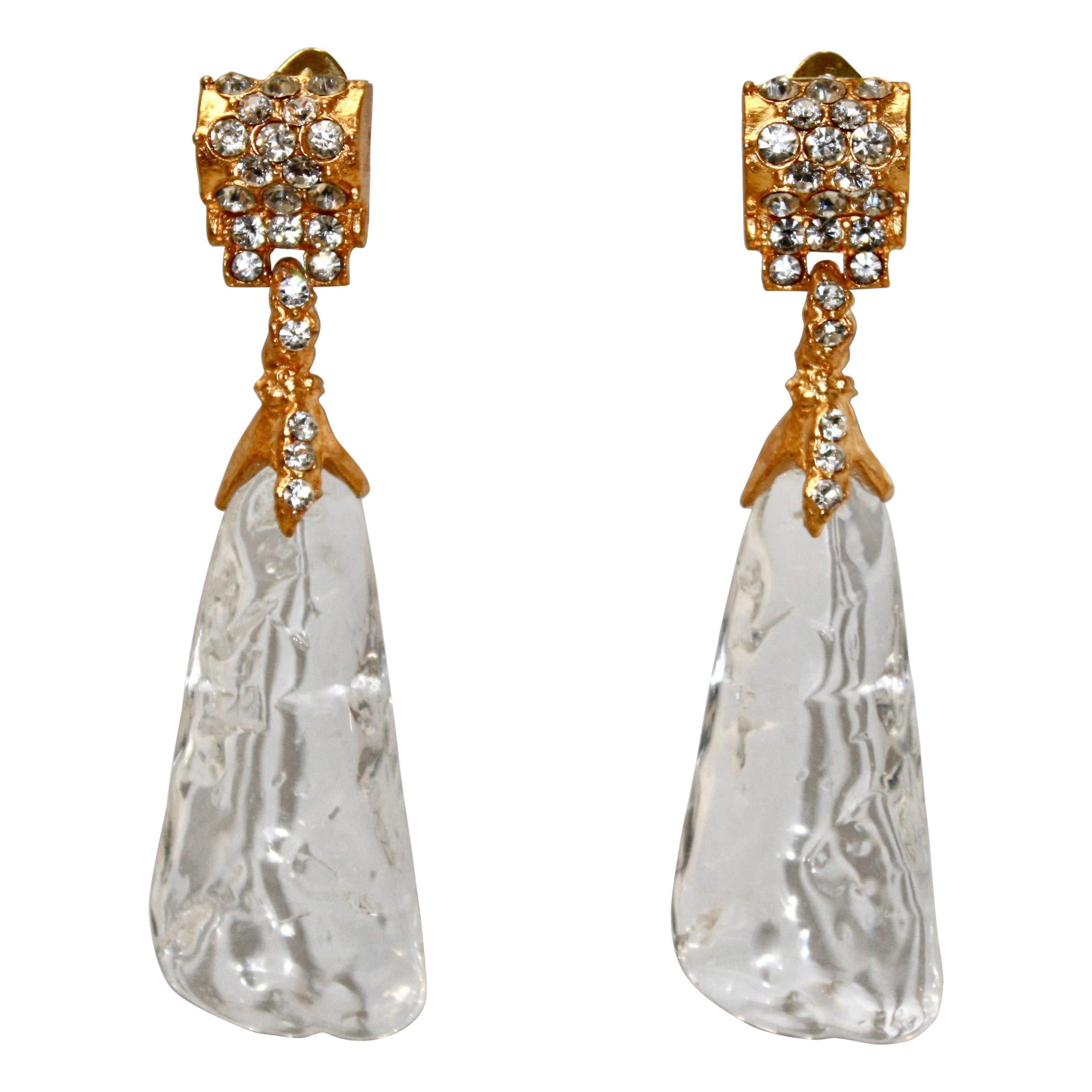 Vintage Gilded Metal and Acrylic Drop Earrings For Sale