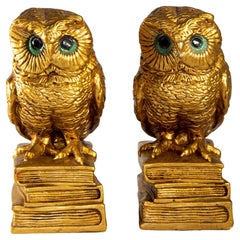 Vintage Gilded Owl Bookends in 24k Gold Leaf Mid-Century Modern, 1966s
