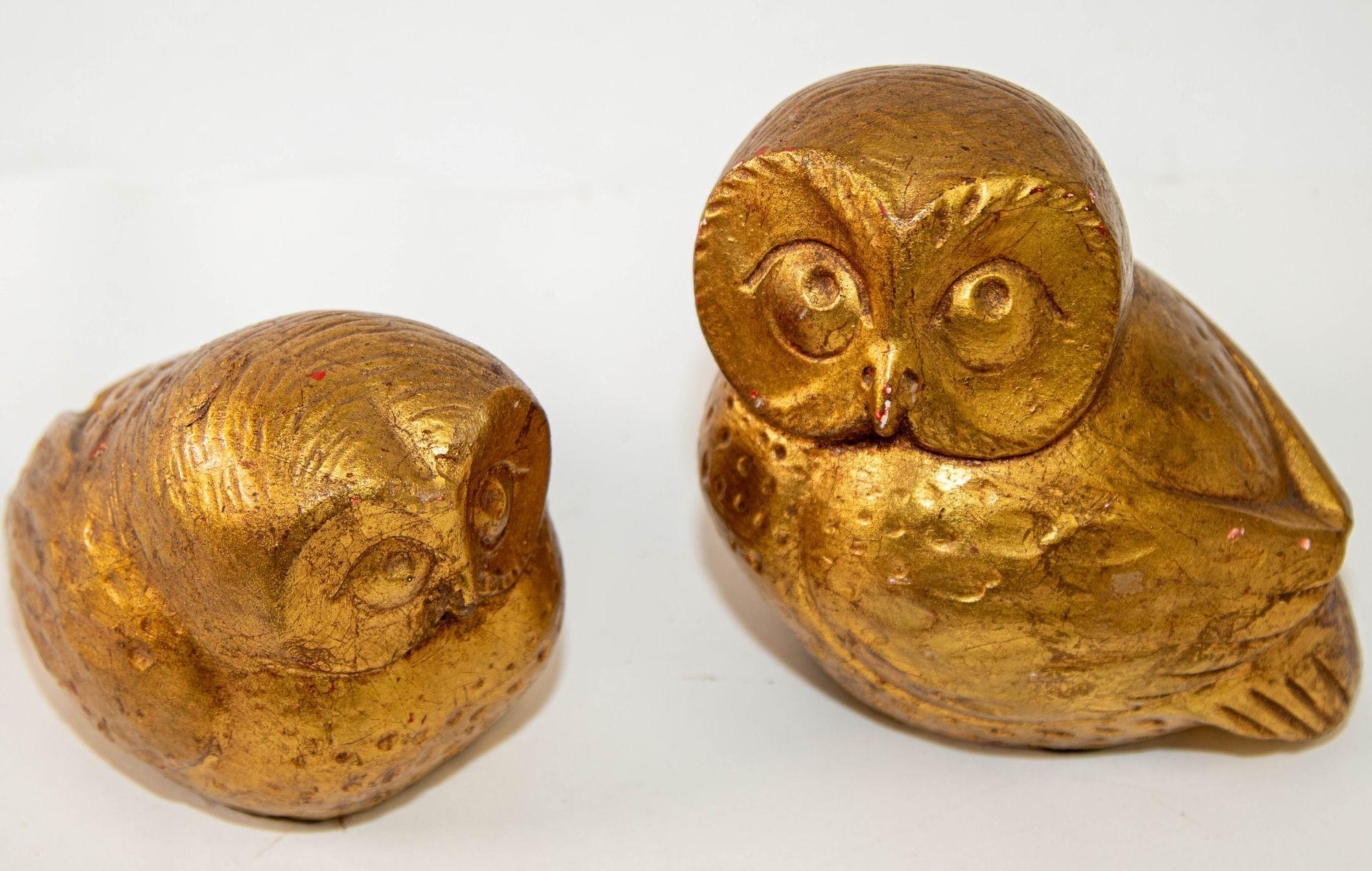 Hand-Carved Vintage Gilded Owl Decor Sculptures in 24k Gold Leaf Mid-Century Modern, 1960s