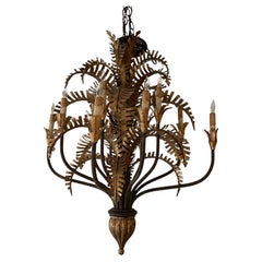 Vintage Gilded Palm Frond Chandelier, Giltwood and Tole, Circa 1990s