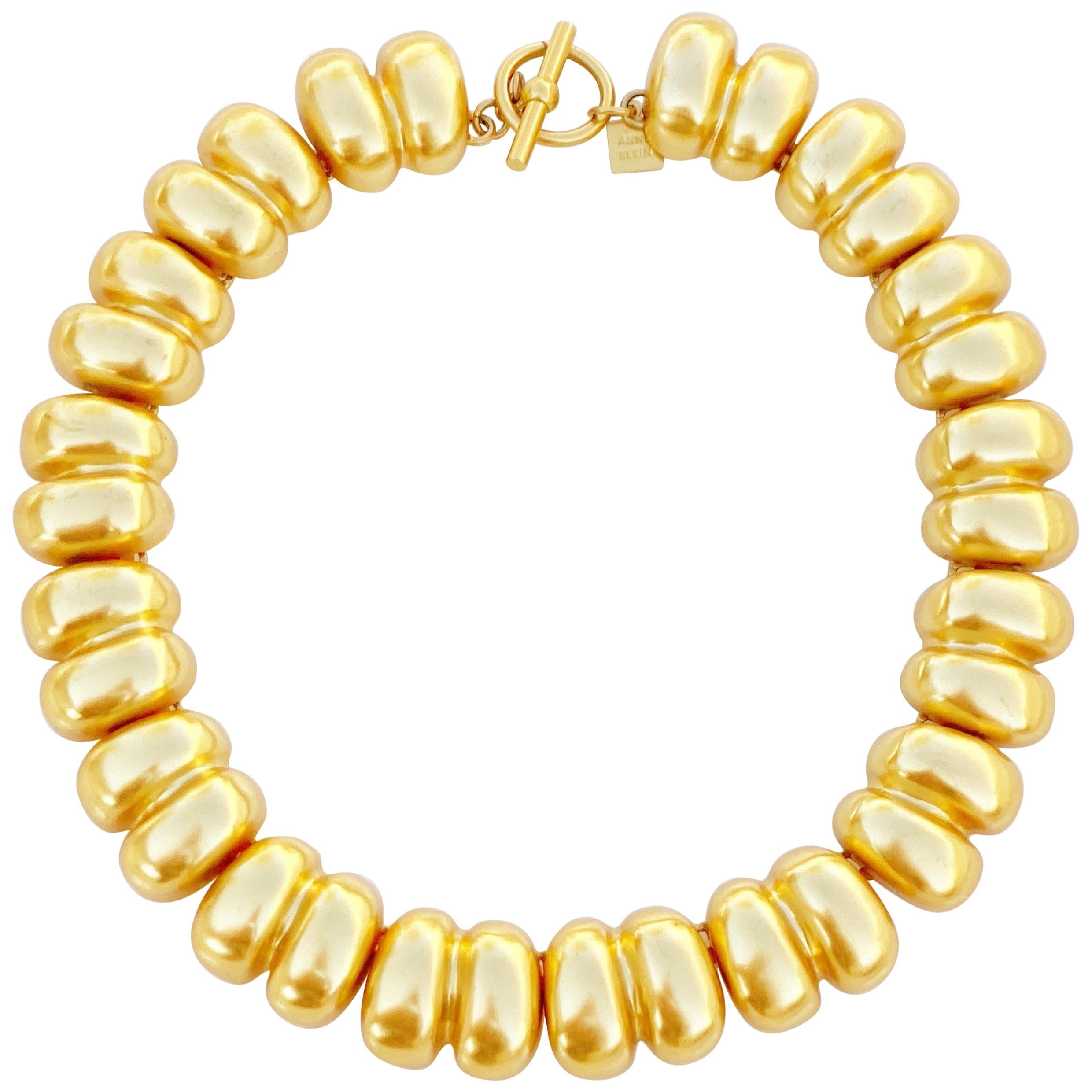 Vintage Gilded Puffy Link Statement Choker Necklace By Anne Klein, 1980s