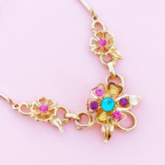 Vintage Gilded Rainbow Crystal Flower Necklace By Coro, 1950s