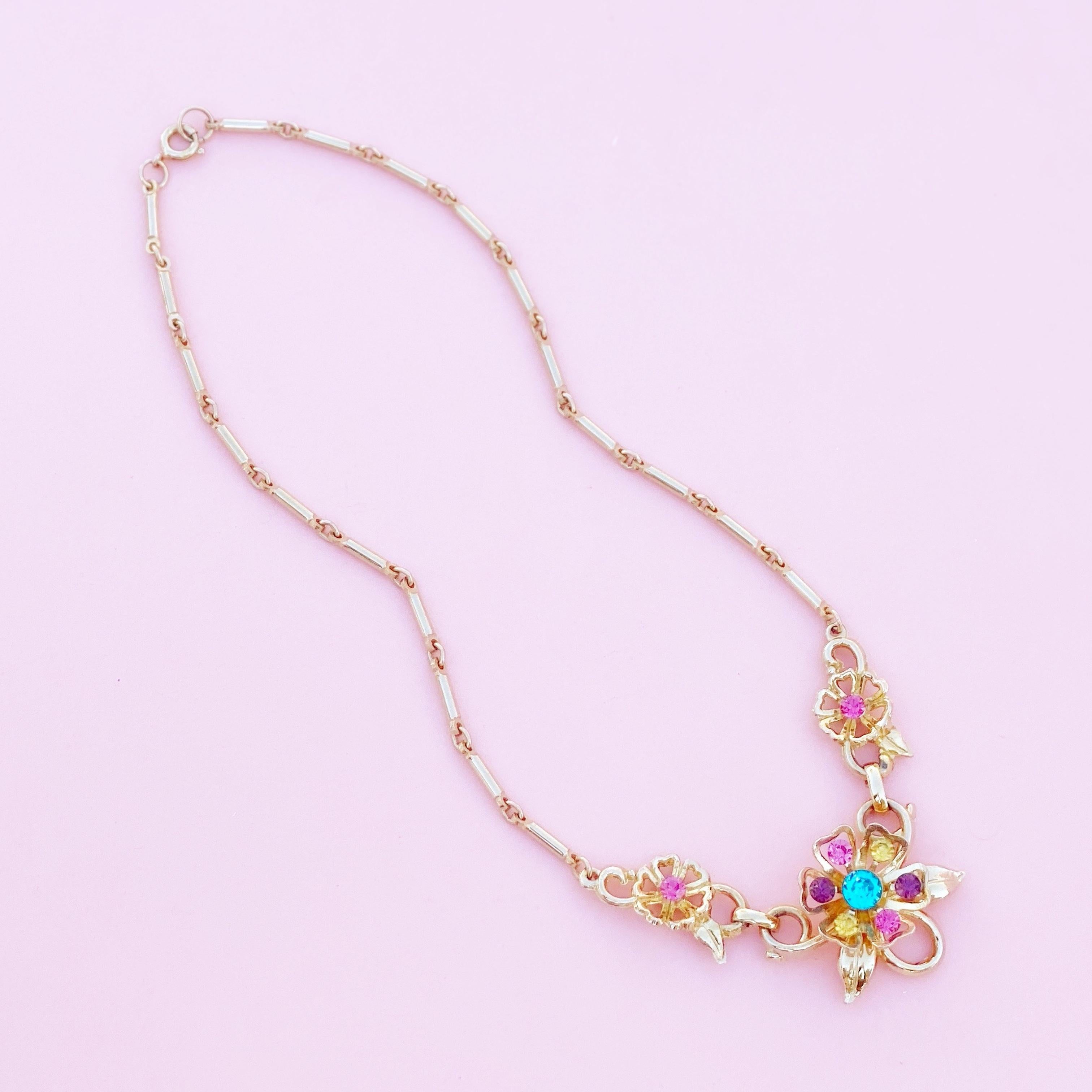 Modern Vintage Gilded Rainbow Crystal Flower Necklace By Coro, 1950s