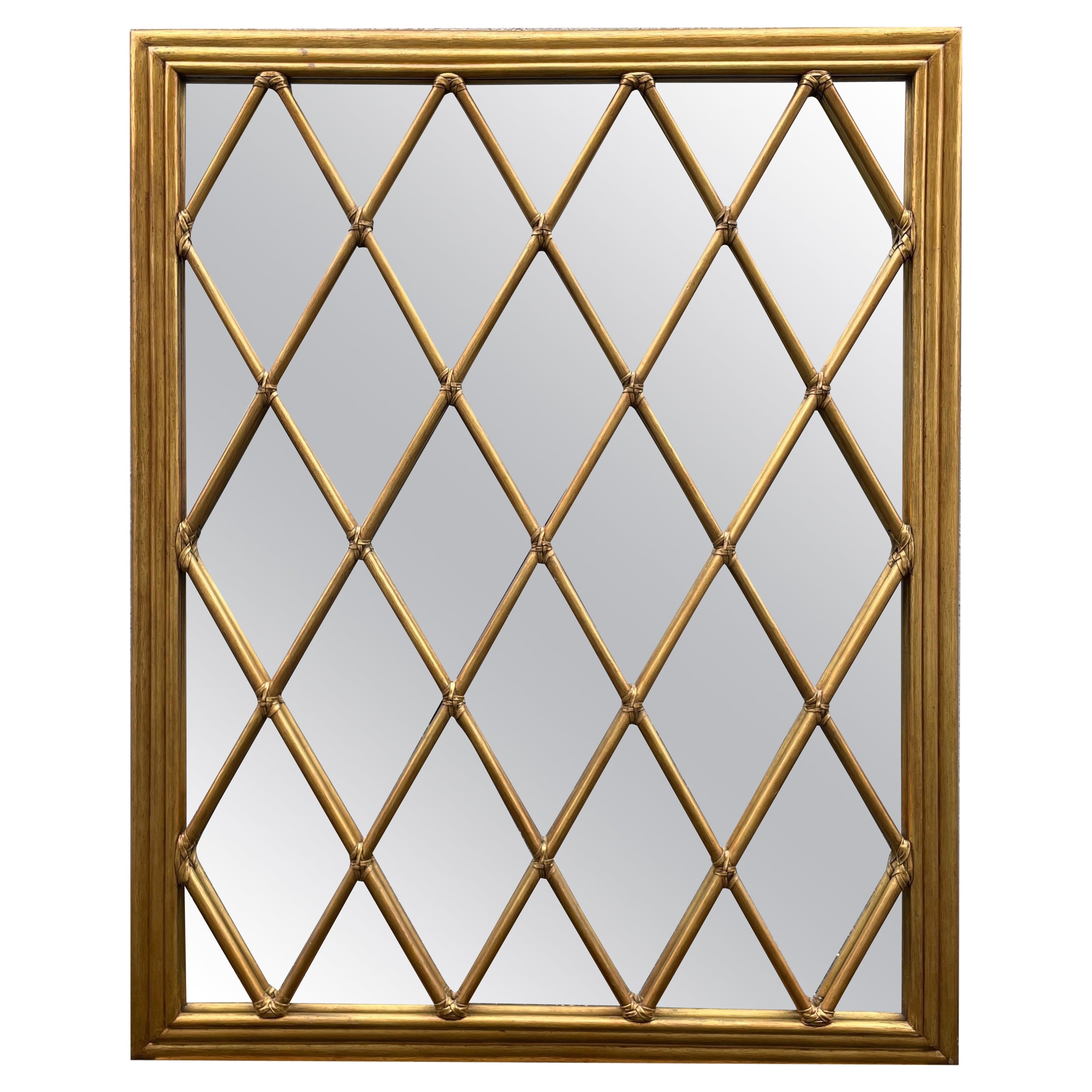 Specchio vintage in rattan dorato Arlecchino di Mc Guire in vendita