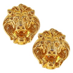 Vintage Gilded Roaring Lion Head Statement Earrings