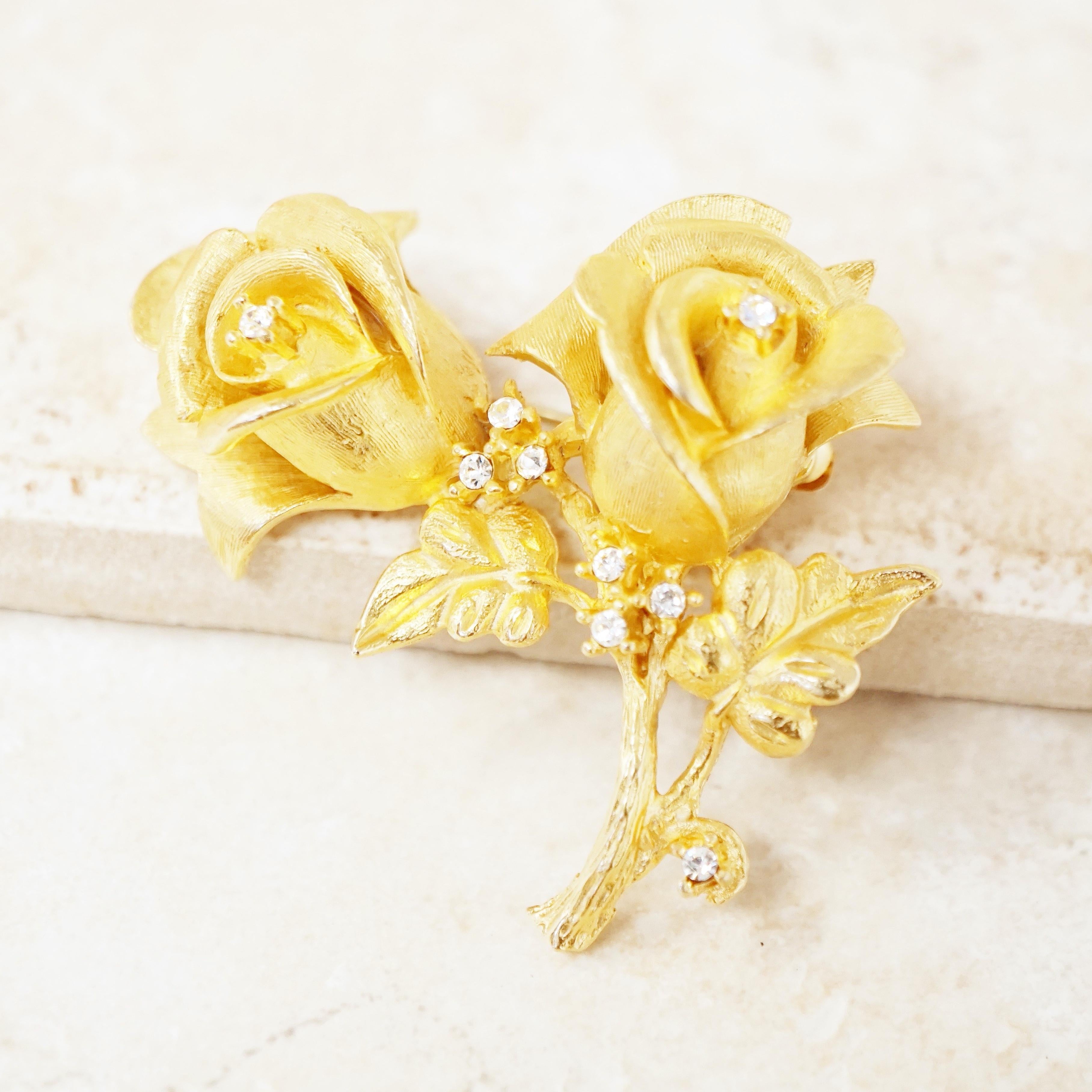 Modern Vintage Gilded Rose Duo Brooch with Crystal Rhinestones by Erwin Pearl, 1990s