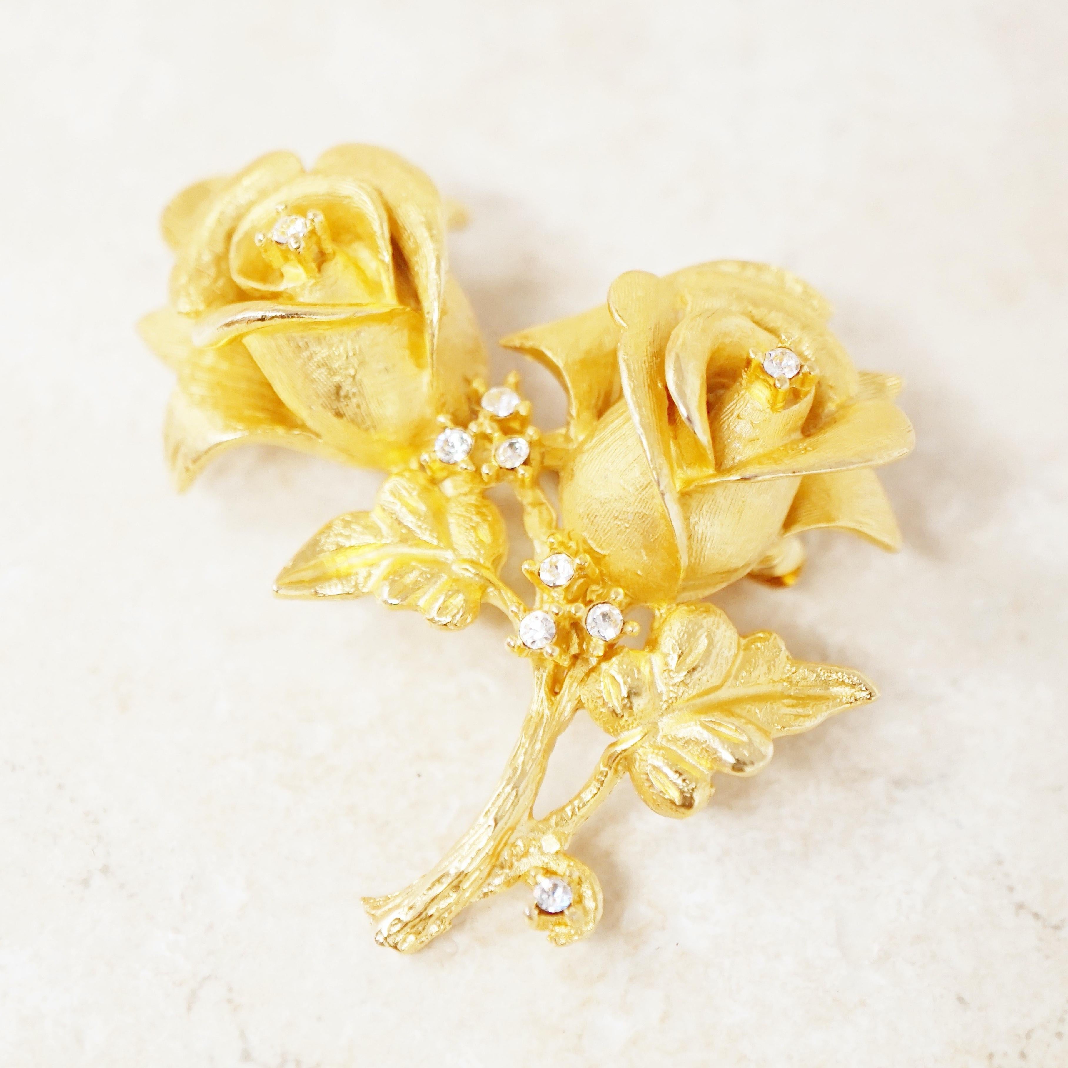 Vintage Gilded Rose Duo Brooch with Crystal Rhinestones by Erwin Pearl, 1990s 1