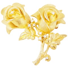 Vintage Gilded Rose Duo Brooch with Crystal Rhinestones by Erwin Pearl, 1990s