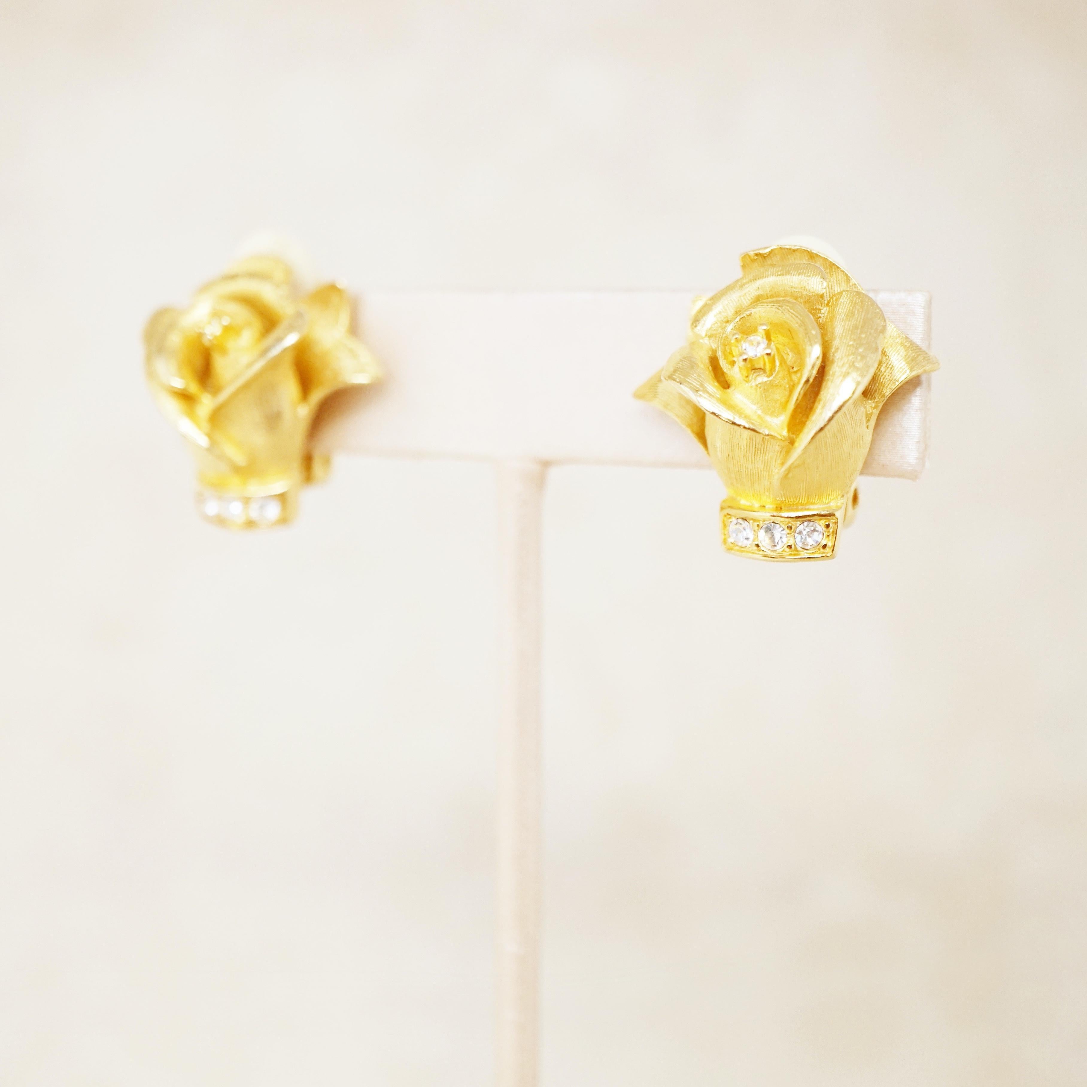 Vintage Gilded Rosebud Figural Earrings with Crystals by Erwin Pearl, 1990s 1