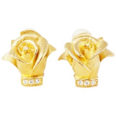 Vintage Gilded Rosebud Figural Earrings with Crystals by Erwin Pearl, 1990s