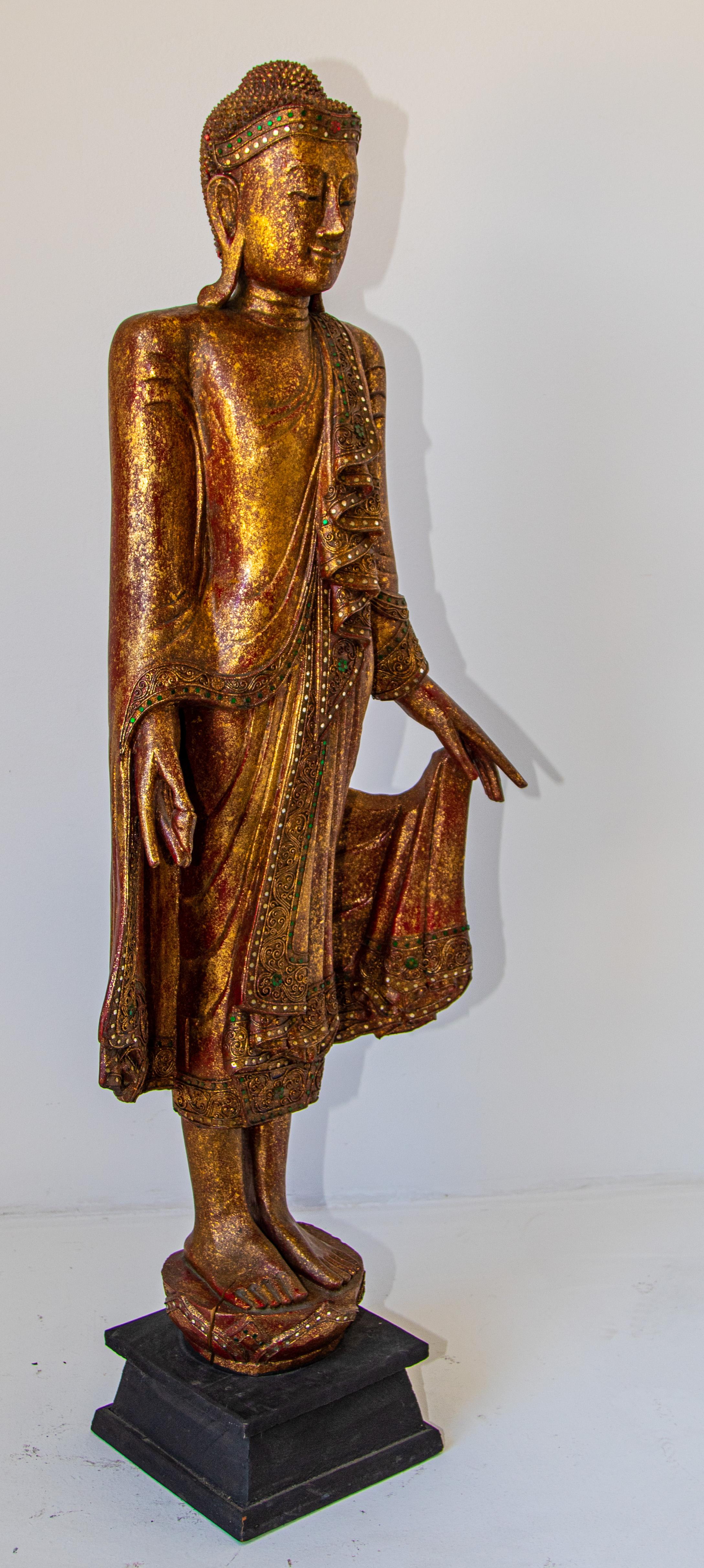 Hand-Carved Vintage Gilded Sculpture of a Thai Standing Buddha For Sale