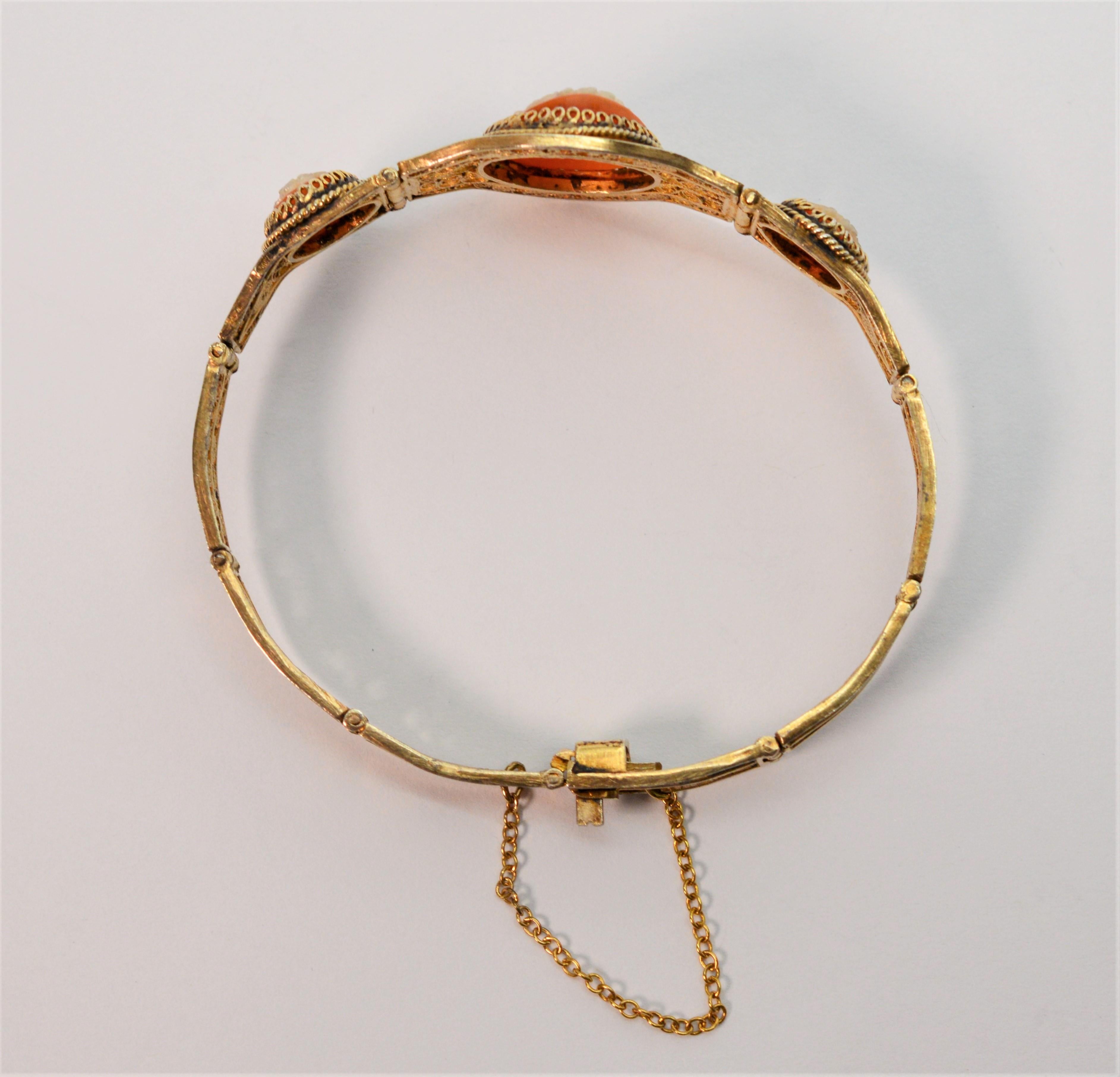 Pulsera vintage de plata dorada con camafeo de concha de filigrana 2