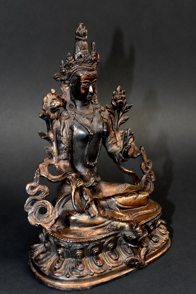 Vintage Gilded Statue of Tibetan Green Tara For Sale at 1stdibs