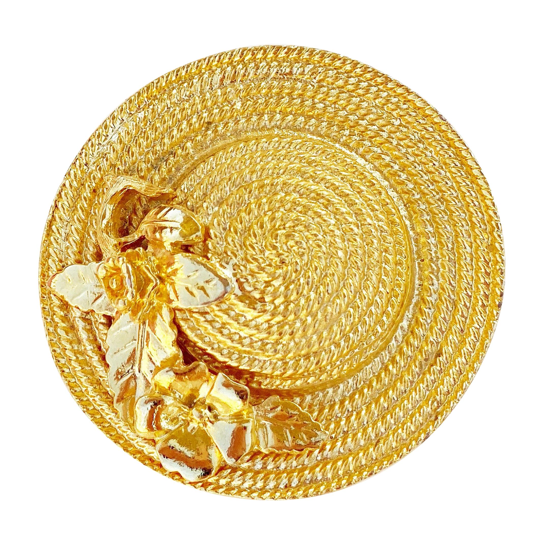 Vintage Gilded Straw Hat With Flowers Figural Brooch, 1960s