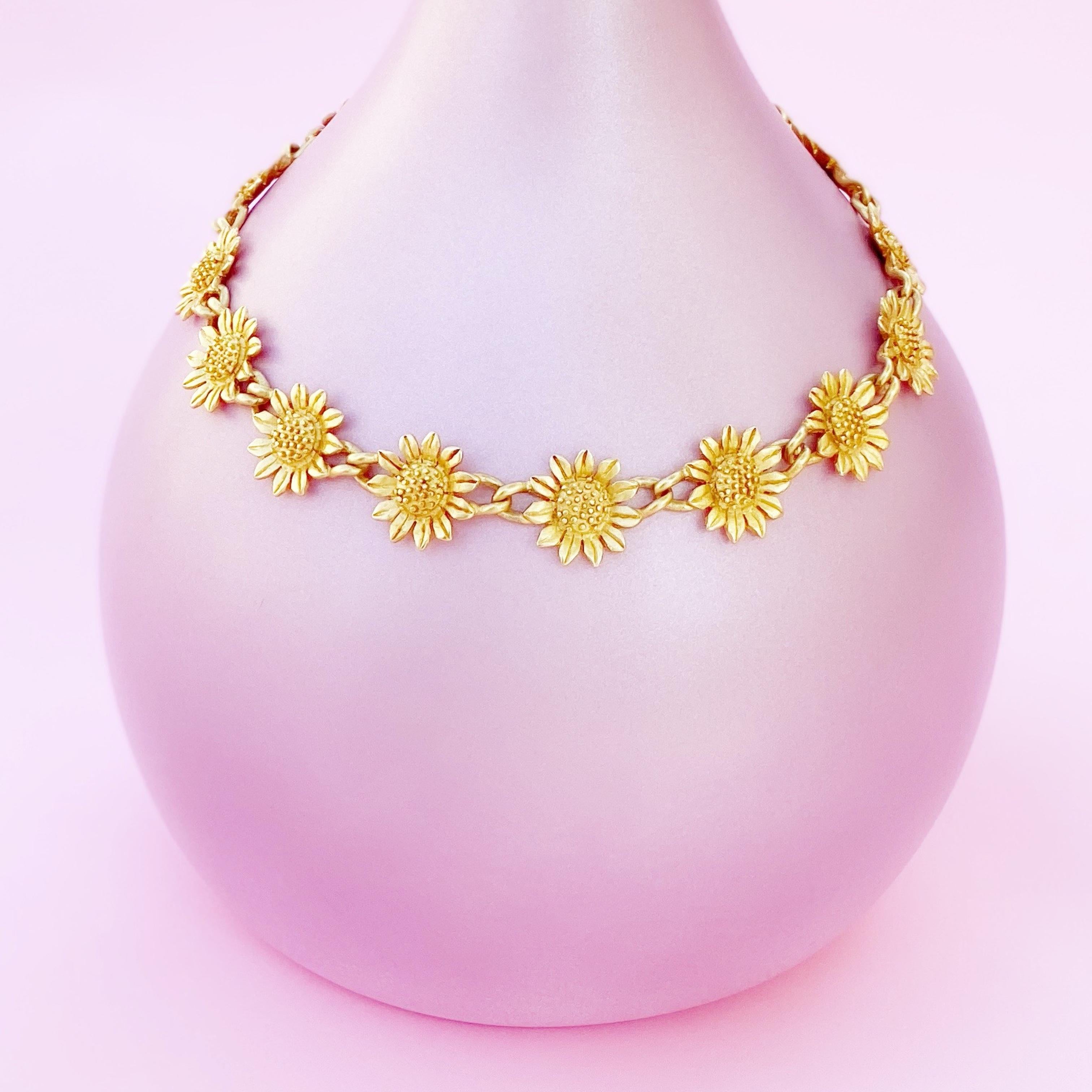 Vintage Gilded Sunflower Link Choker Necklace, 1960s 2