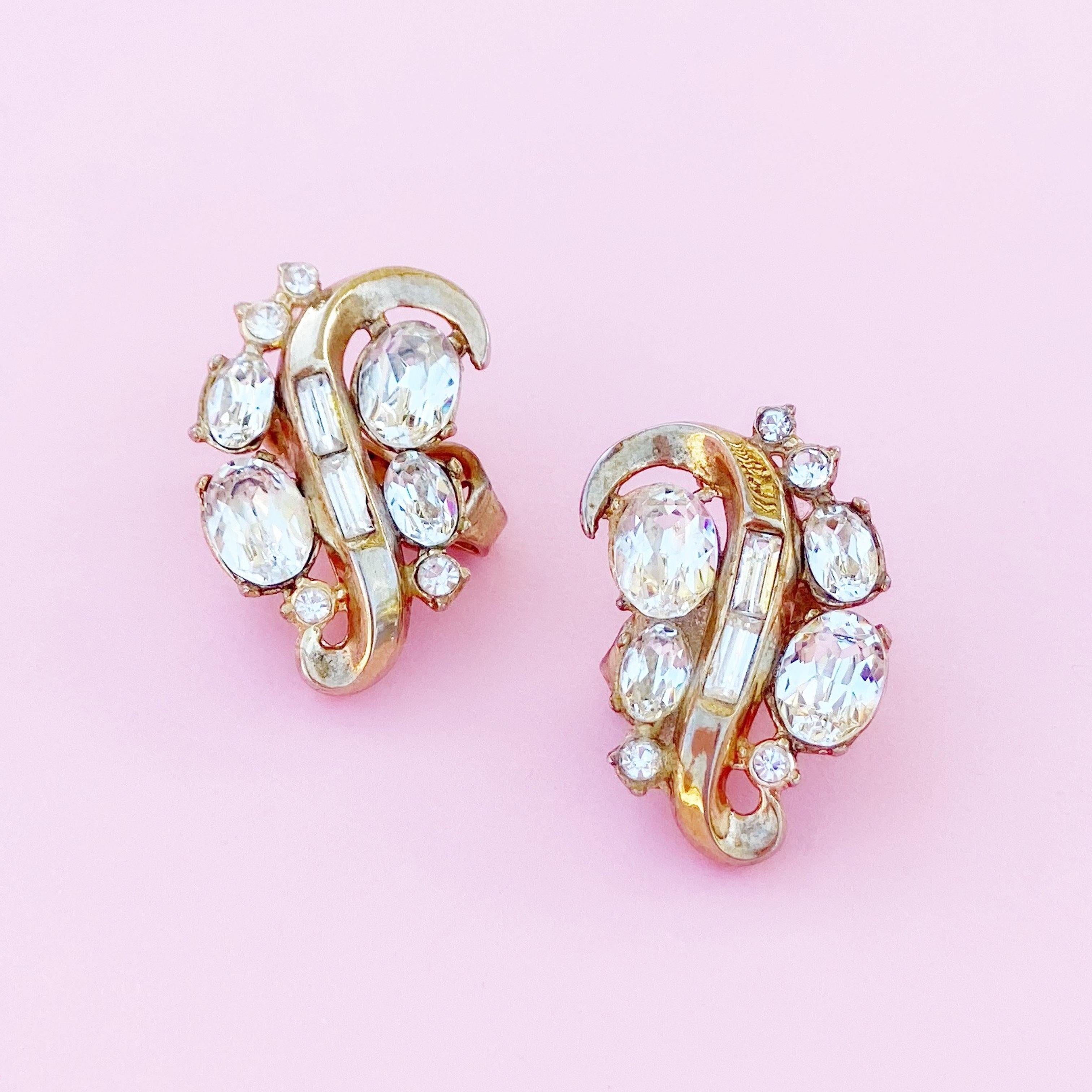Modern Vintage Gilded Swirl Cocktail Earrings With Crystals By Crown Trifari, 1950s