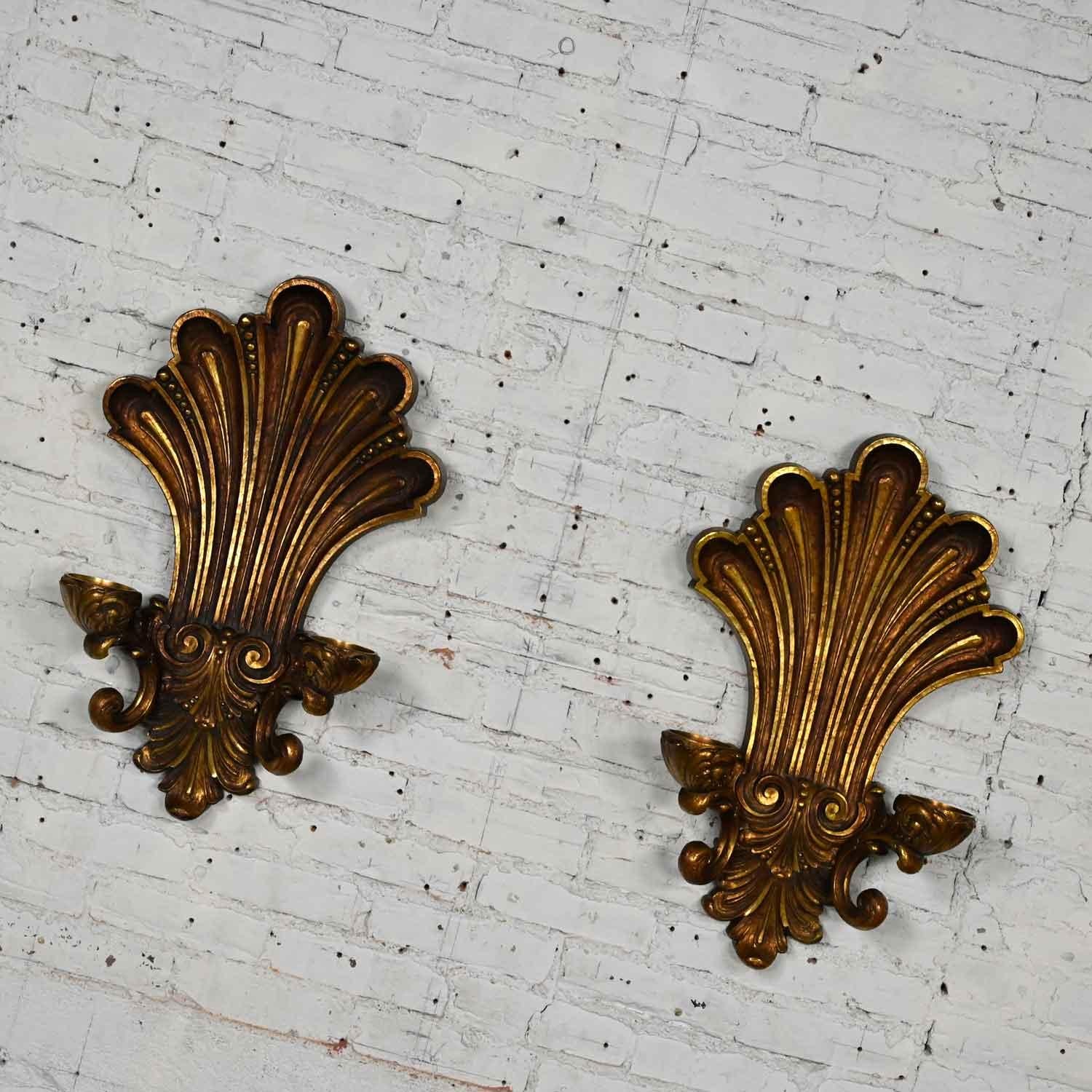 Vintage Gilded Syroco Hollywood Regency Double Candle Wall Sconces a Pair For Sale 2