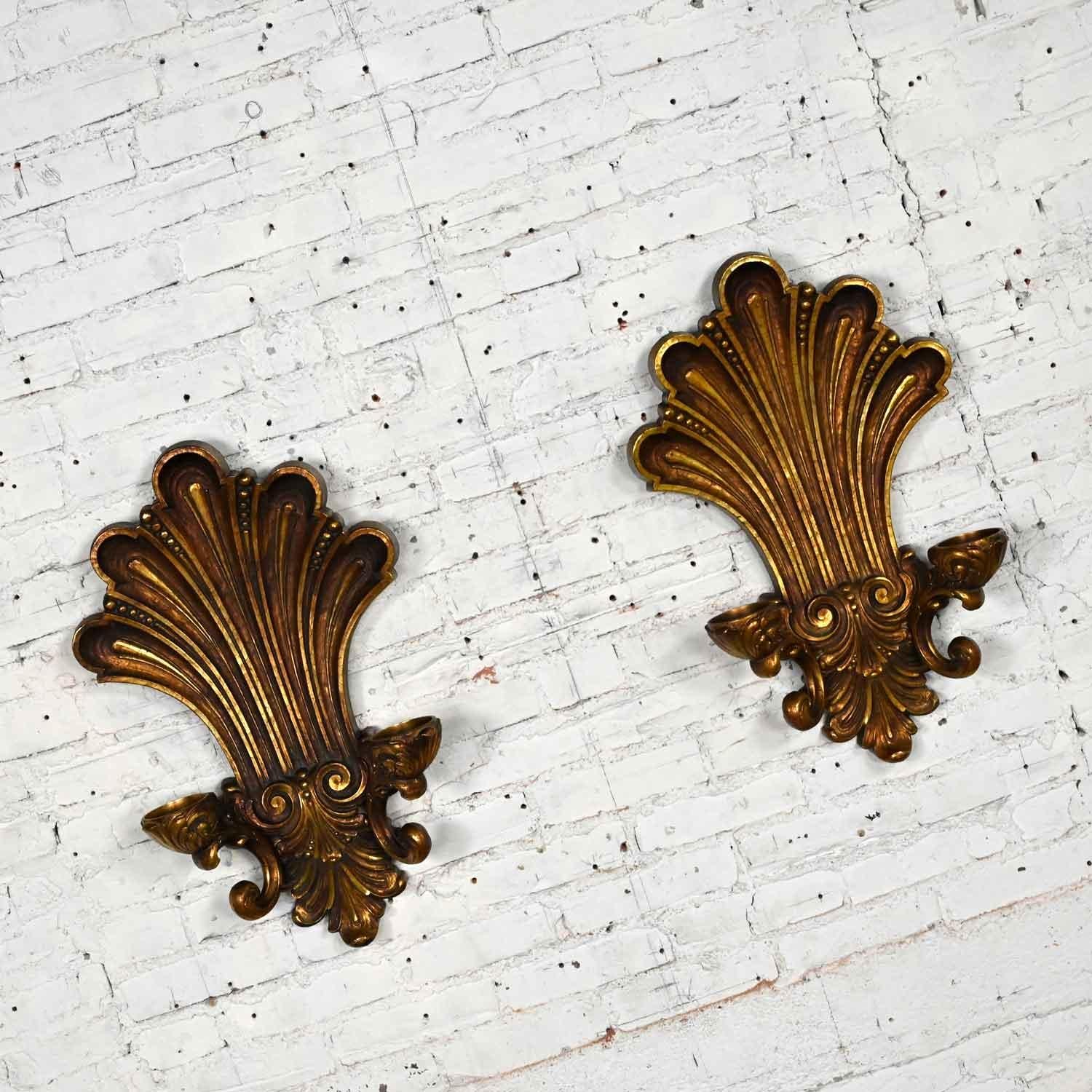 Vintage Gilded Syroco Hollywood Regency Double Candle Wall Sconces a Pair For Sale 3