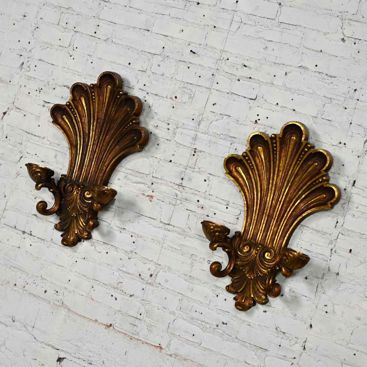 Vintage Gilded Syroco Hollywood Regency Double Candle Wall Sconces a Pair For Sale 4
